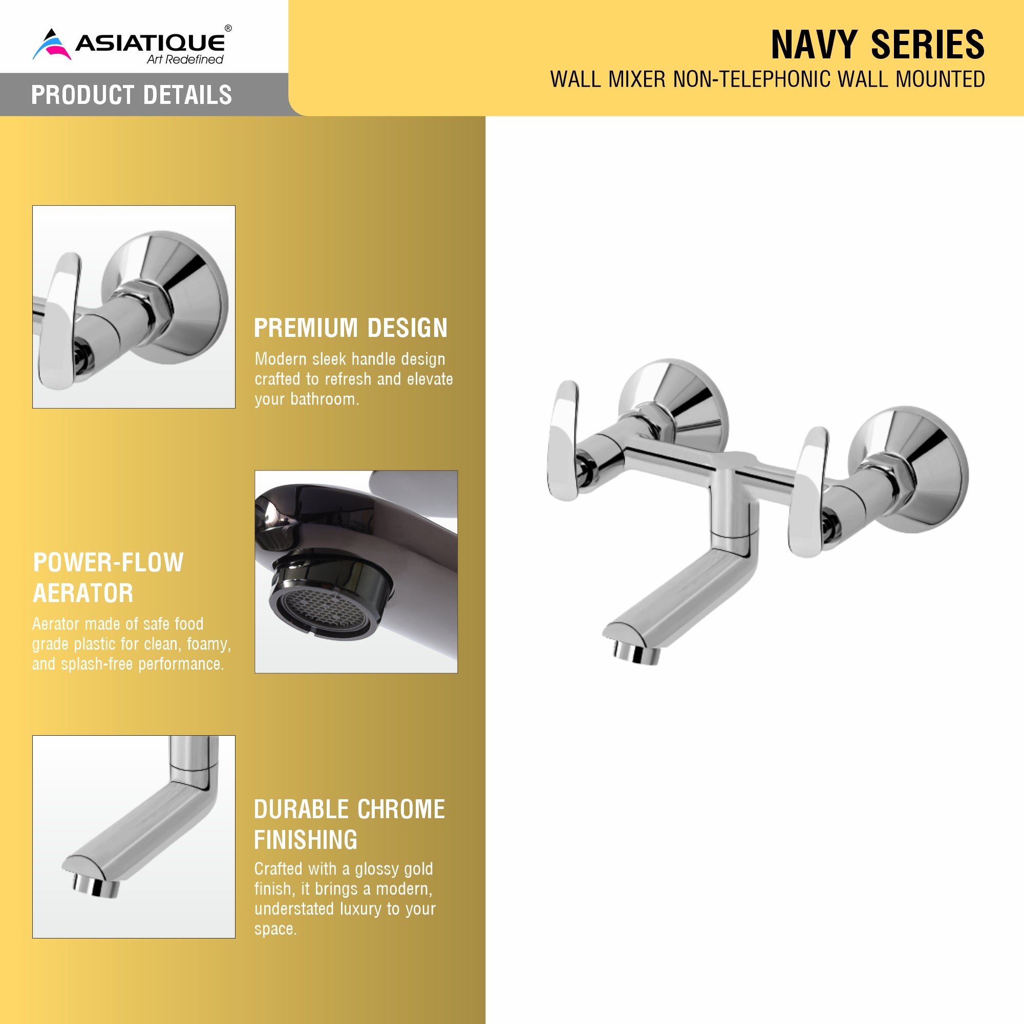 Asiatique Wall Mixer Non-Telephonic Wall Mounted (N-014), Navy Series Premium CP Bath Fittings & Faucets