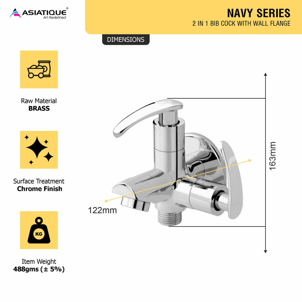 Asiatique 2 in 1 Bib Cock With Wall Flange (N-015), Navy Series Premium CP Bath Fittings & Faucets