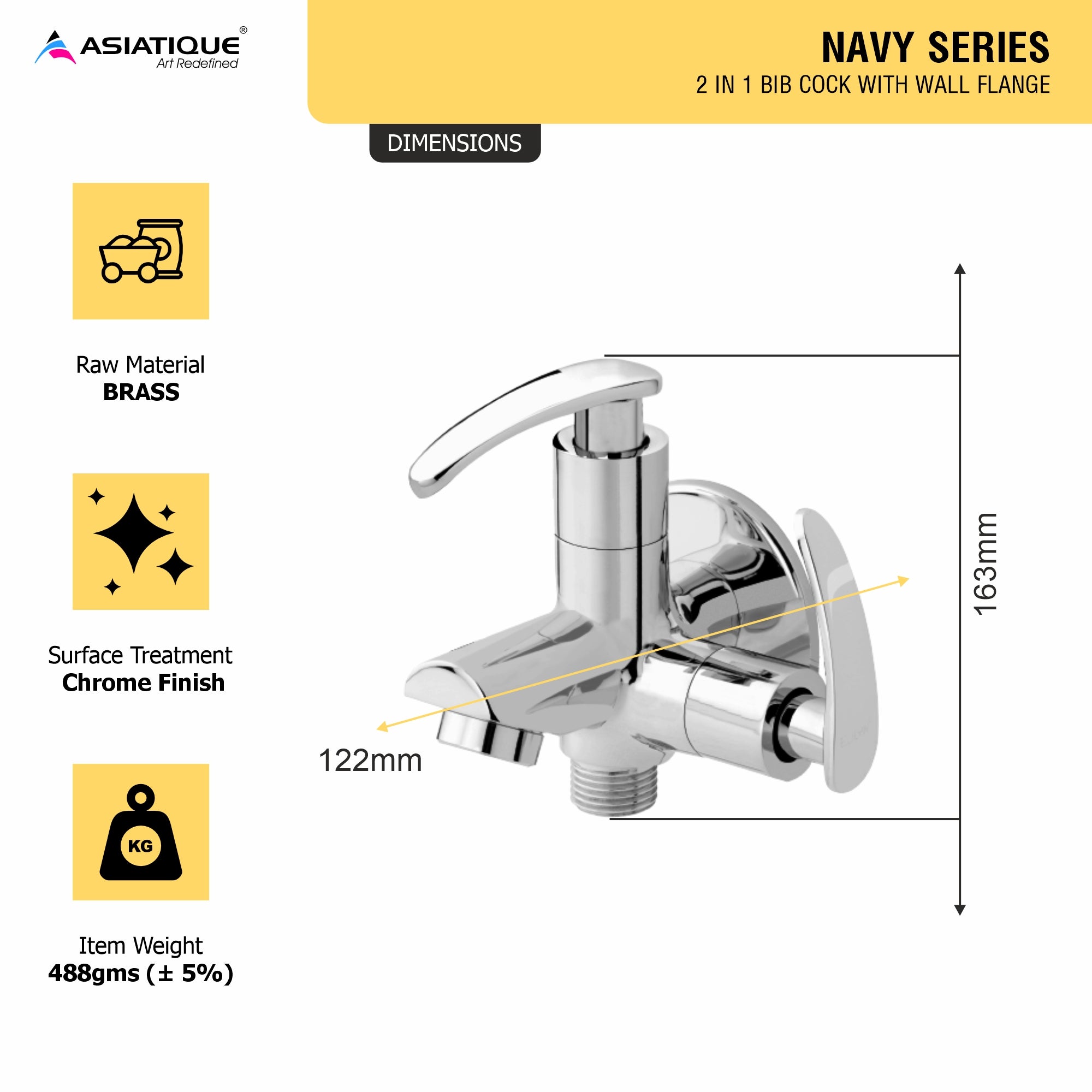 Asiatique 2 in 1 Bib Cock With Wall Flange (N-015), Navy Series Premium CP Bath Fittings & Faucets