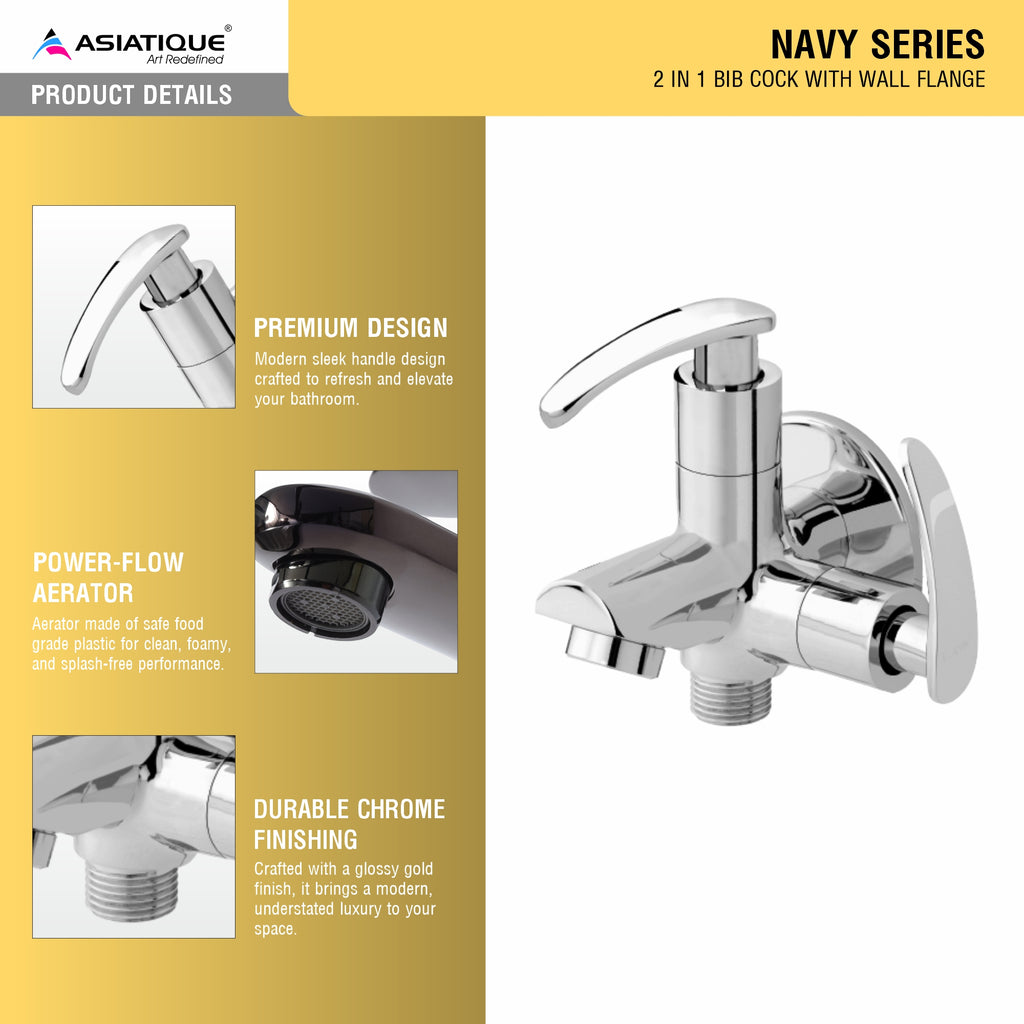 Asiatique 2 in 1 Bib Cock With Wall Flange (N-015), Navy Series Premium CP Bath Fittings & Faucets