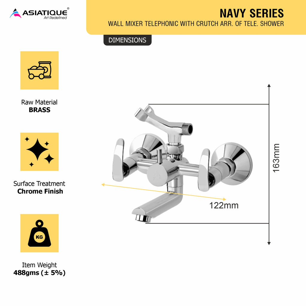 Asiatique Wall Mixer Telephonic With Crutch ARR. Of Tele. Shower (N-016), Navy Series Premium CP Bath Fittings & Faucets