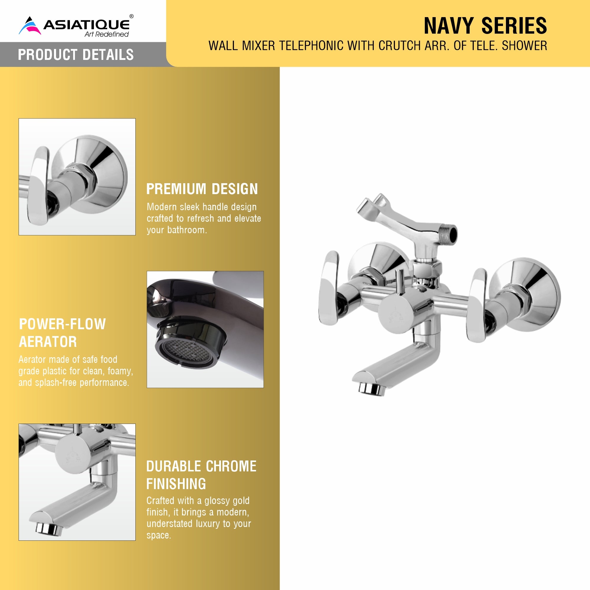 Asiatique Wall Mixer Telephonic With Crutch ARR. Of Tele. Shower (N-016), Navy Series Premium CP Bath Fittings & Faucets