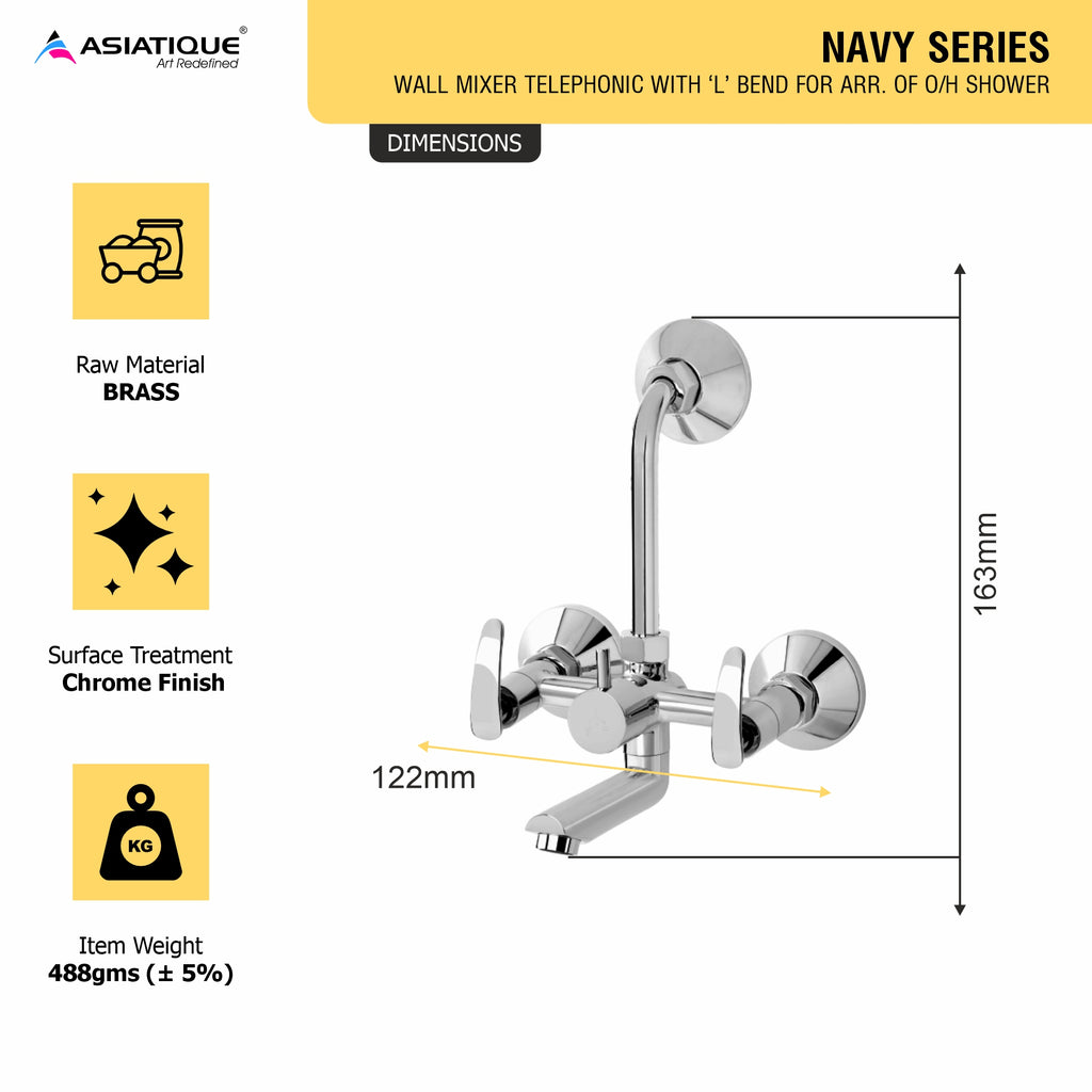 Asiatique Wall Mixer Telephonic With ‘L’ Bend for ARR. Of O/H Shower (N-017), Navy Series Premium CP Bath Fittings & Faucets