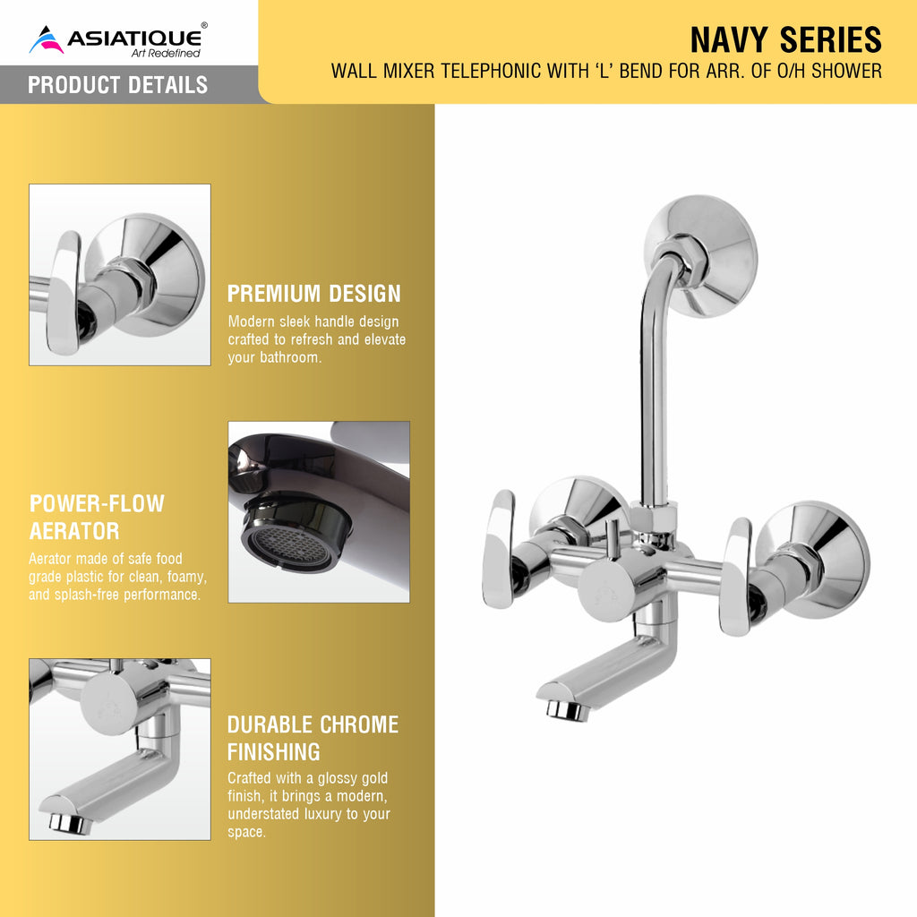 Asiatique Wall Mixer Telephonic With ‘L’ Bend for ARR. Of O/H Shower (N-017), Navy Series Premium CP Bath Fittings & Faucets
