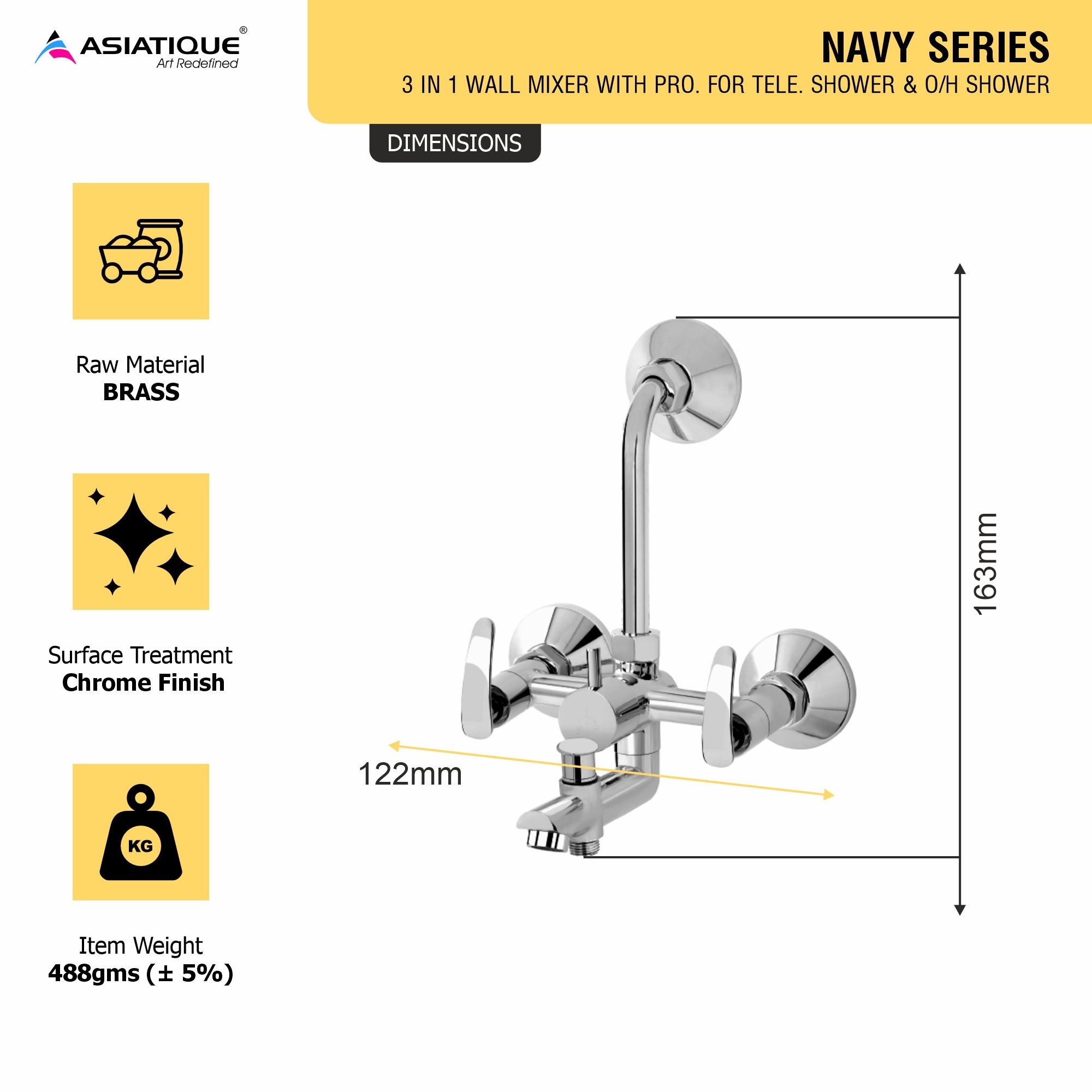 Asiatique 3 in 1 Wall Mixer With Pro. For Tele. Shower & O/H Shower (N-018), Navy Series Premium CP Bath Fittings & Faucets