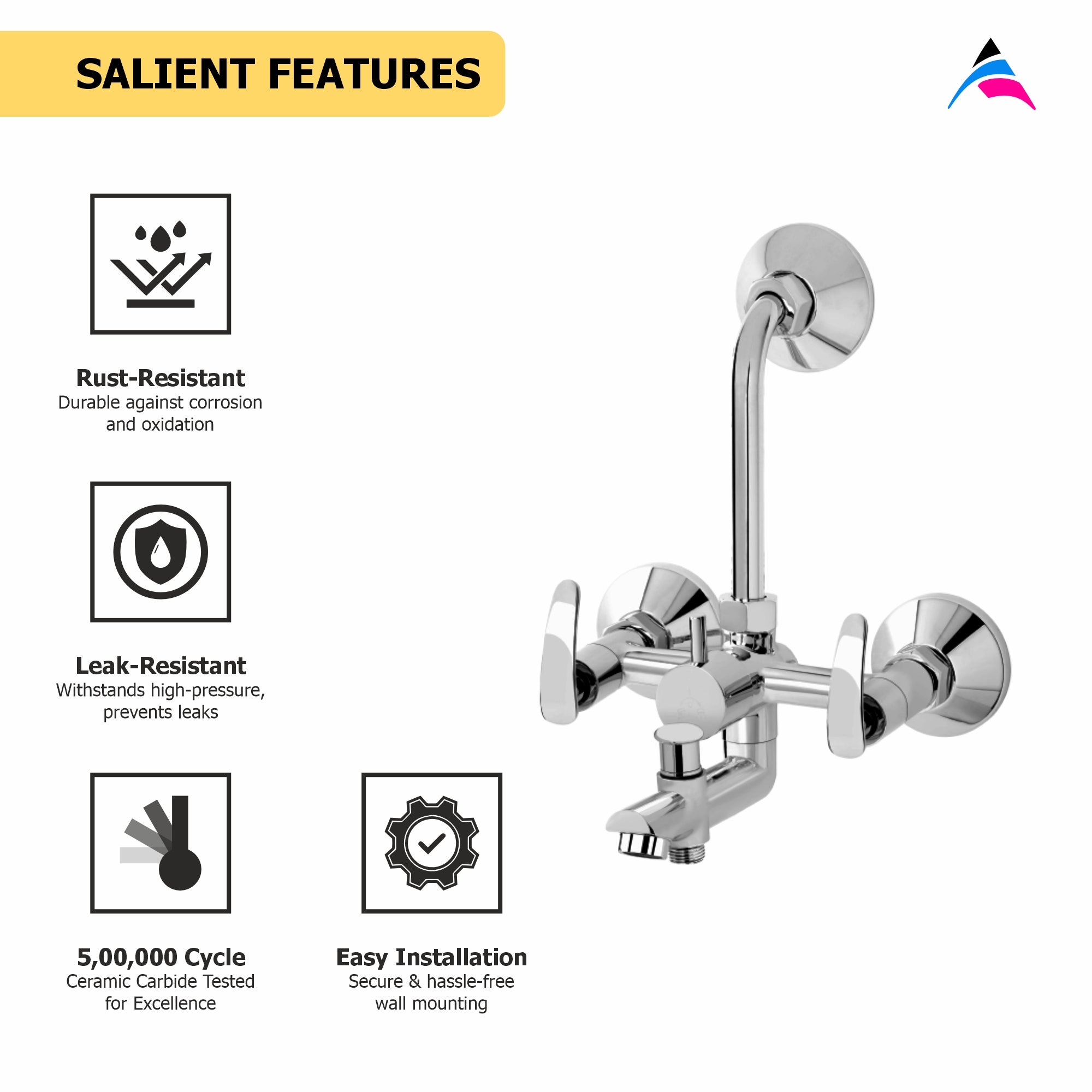 Asiatique 3 in 1 Wall Mixer With Pro. For Tele. Shower & O/H Shower (N-018), Navy Series Premium CP Bath Fittings & Faucets