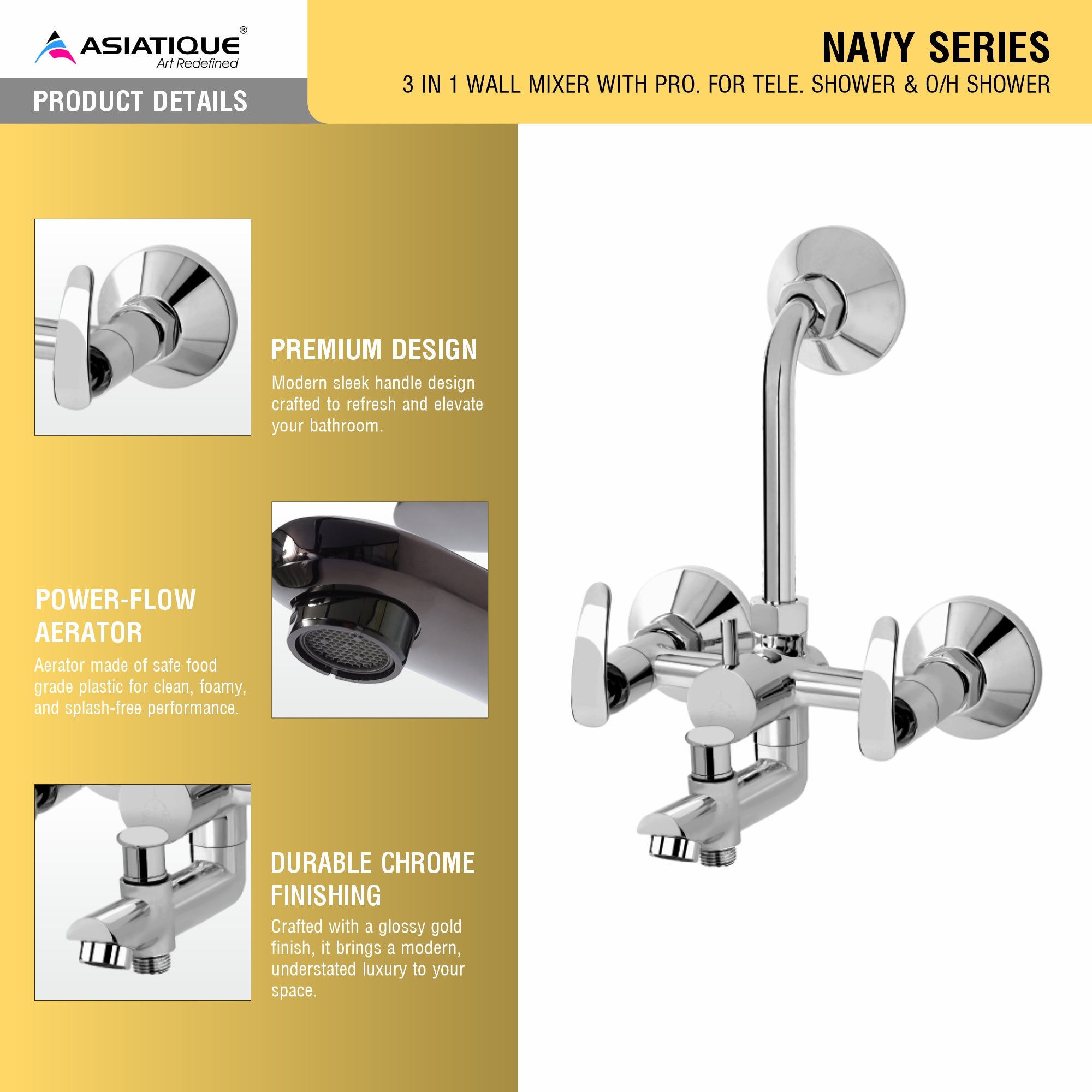 Asiatique 3 in 1 Wall Mixer With Pro. For Tele. Shower & O/H Shower (N-018), Navy Series Premium CP Bath Fittings & Faucets