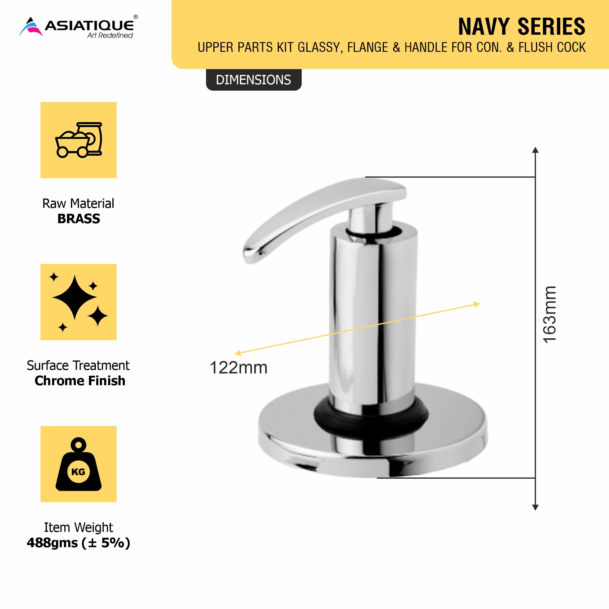 Asiatique Upper parts Kit Glassy, Flange & handle For Con. & Flush Cock (N-021U), Navy Series Premium CP Bath Fittings & Faucets