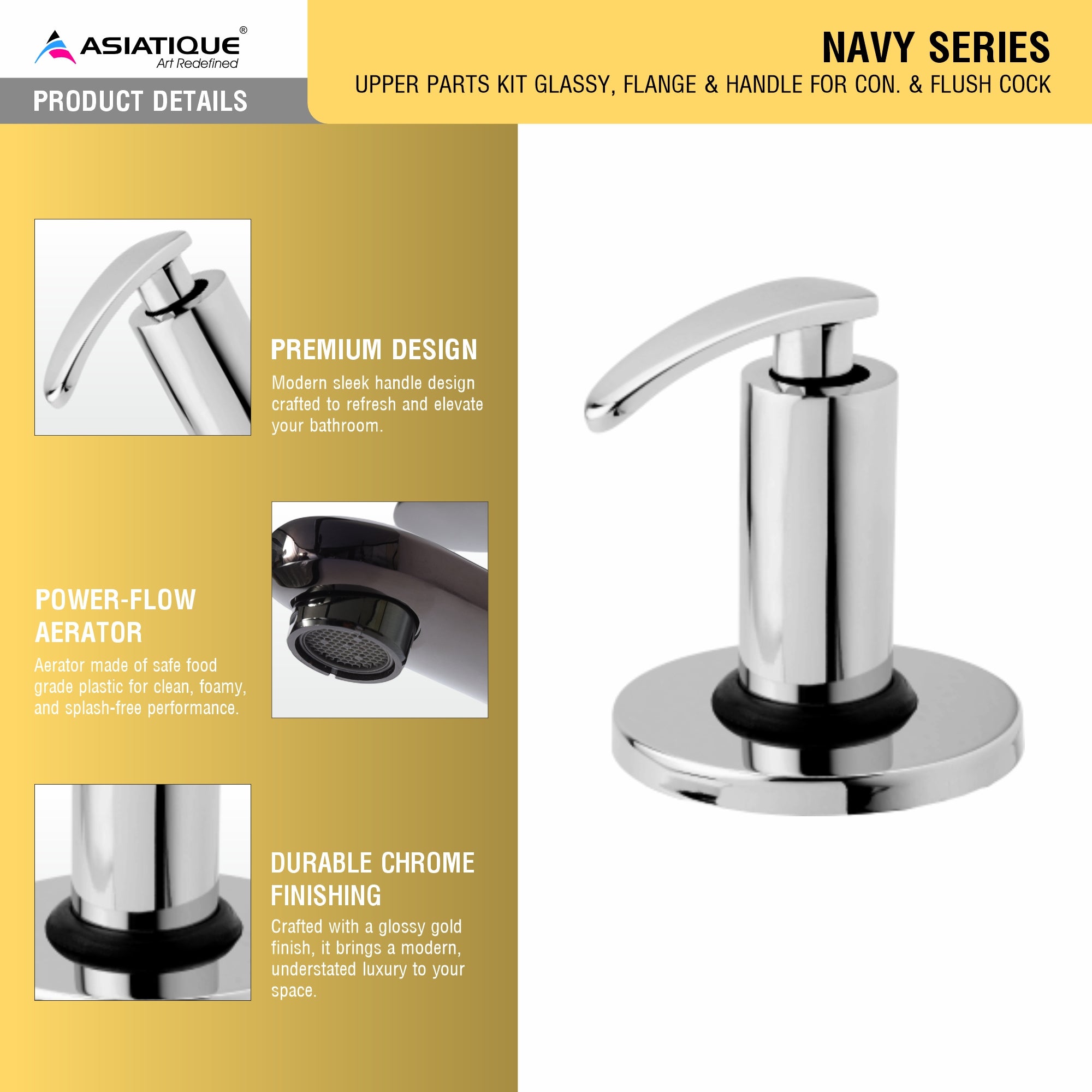 Asiatique Upper parts Kit Glassy, Flange & handle For Con. & Flush Cock (N-021U), Navy Series Premium CP Bath Fittings & Faucets