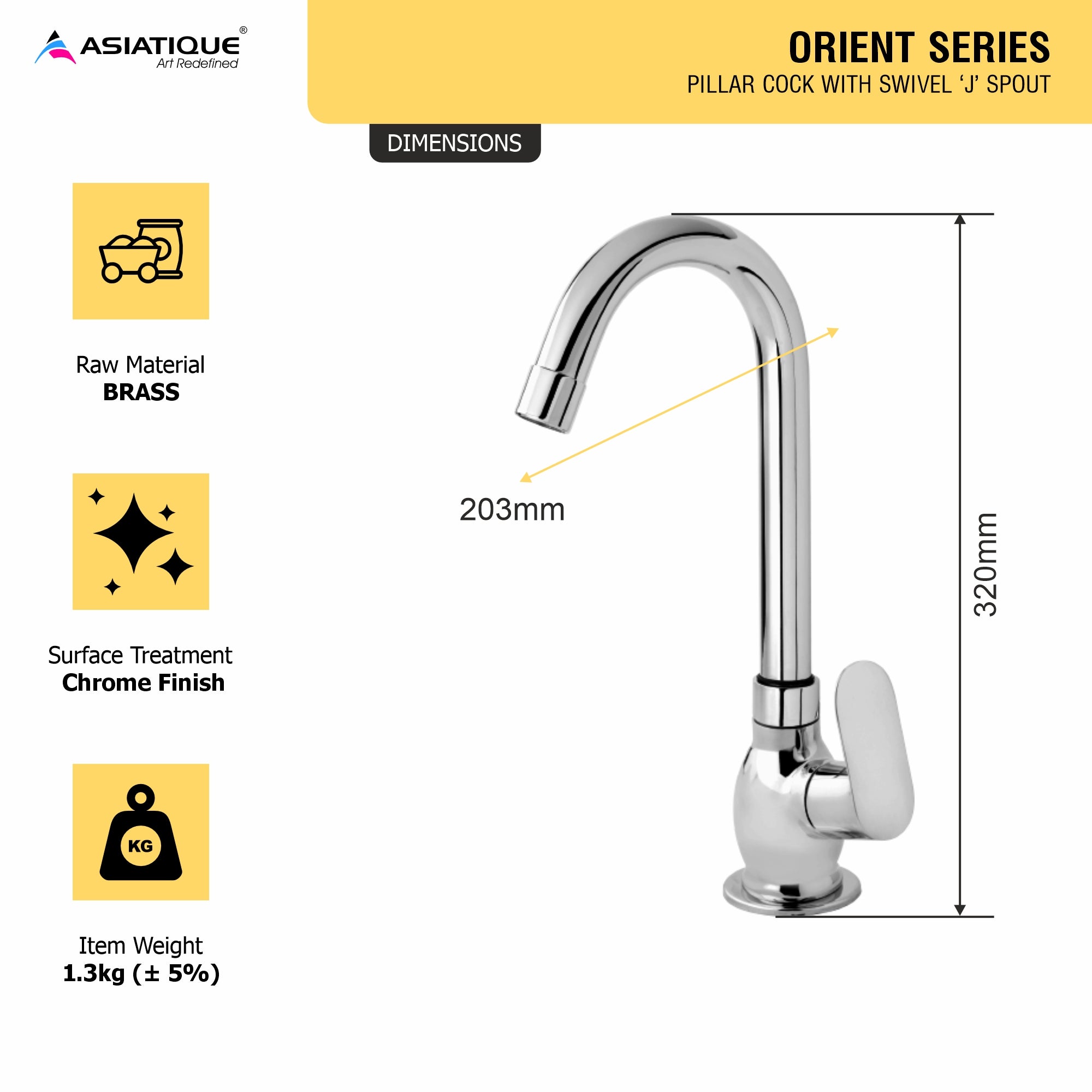 Asiatique Pillar Cock With Swivel ‘J’ Spout (O-002), Orient Series Premium Brass Bathroom & Kitchen Faucet Collection