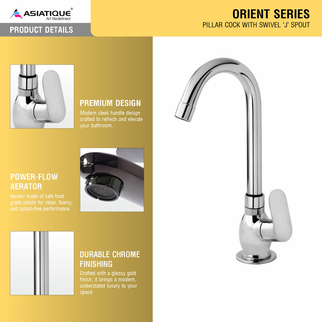 Asiatique Pillar Cock With Swivel ‘J’ Spout (O-002), Orient Series Premium Brass Bathroom & Kitchen Faucet Collection