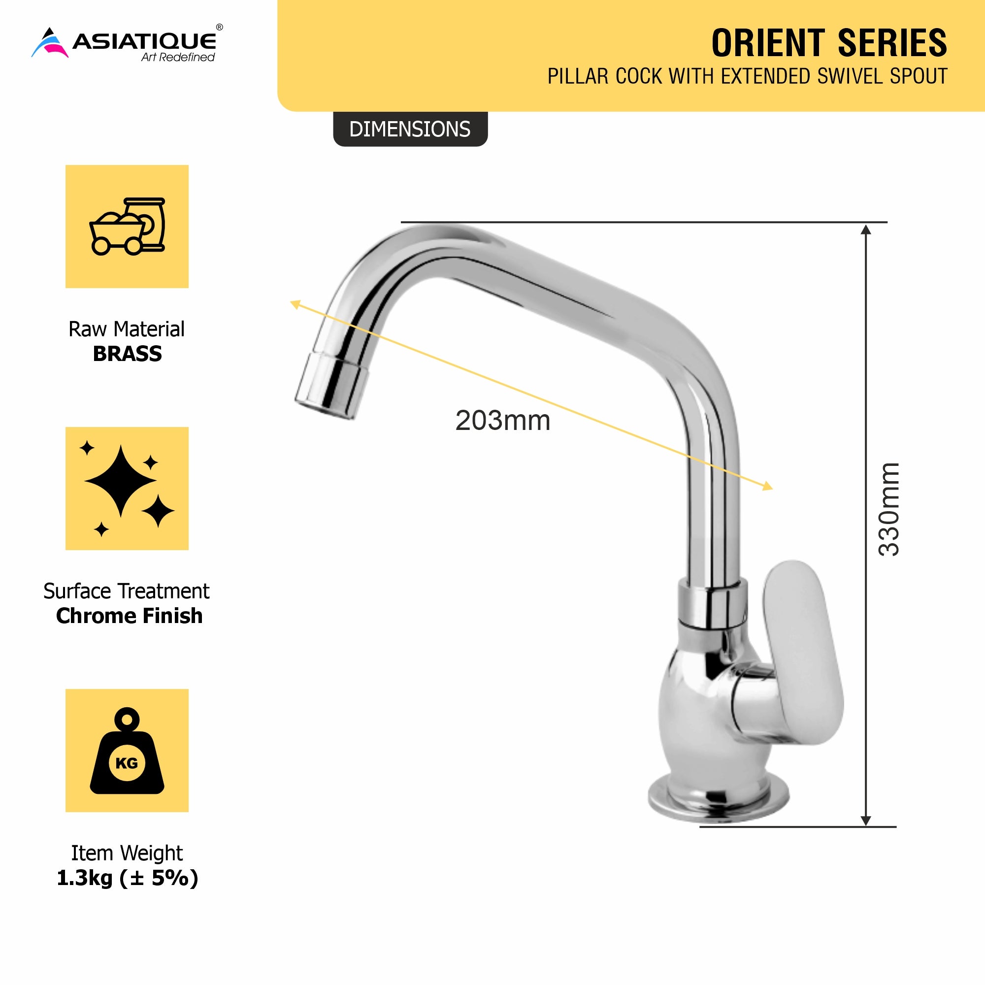 Asiatique Pillar Cock With Extended Swivel Spout (O-002EX), Orient Series Premium Brass Bathroom & Kitchen Faucet Collection