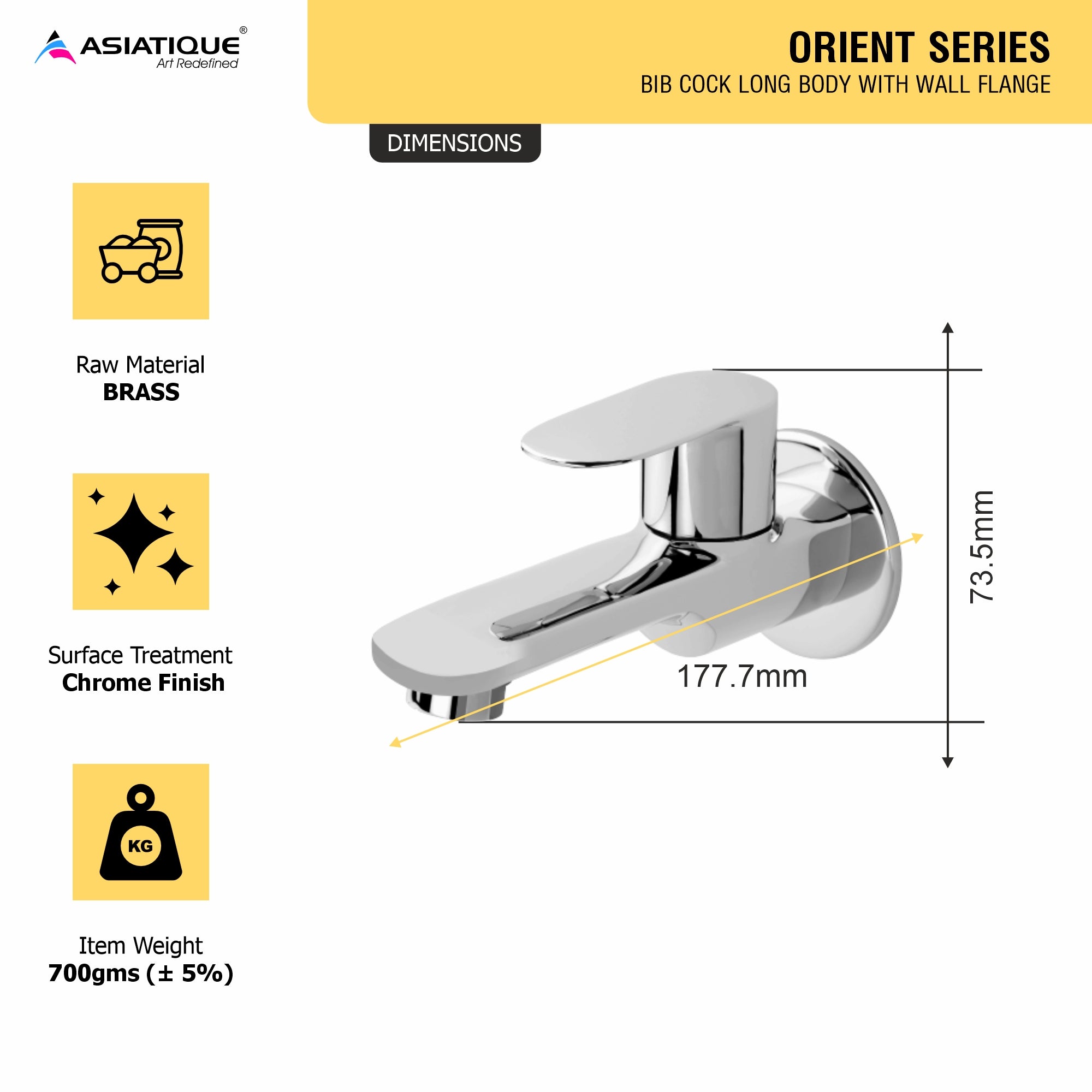 Asiatique Bib Cock Long Body With Wall Flange (O-004), Orient Series Premium Brass Bathroom & Kitchen Faucet Collection