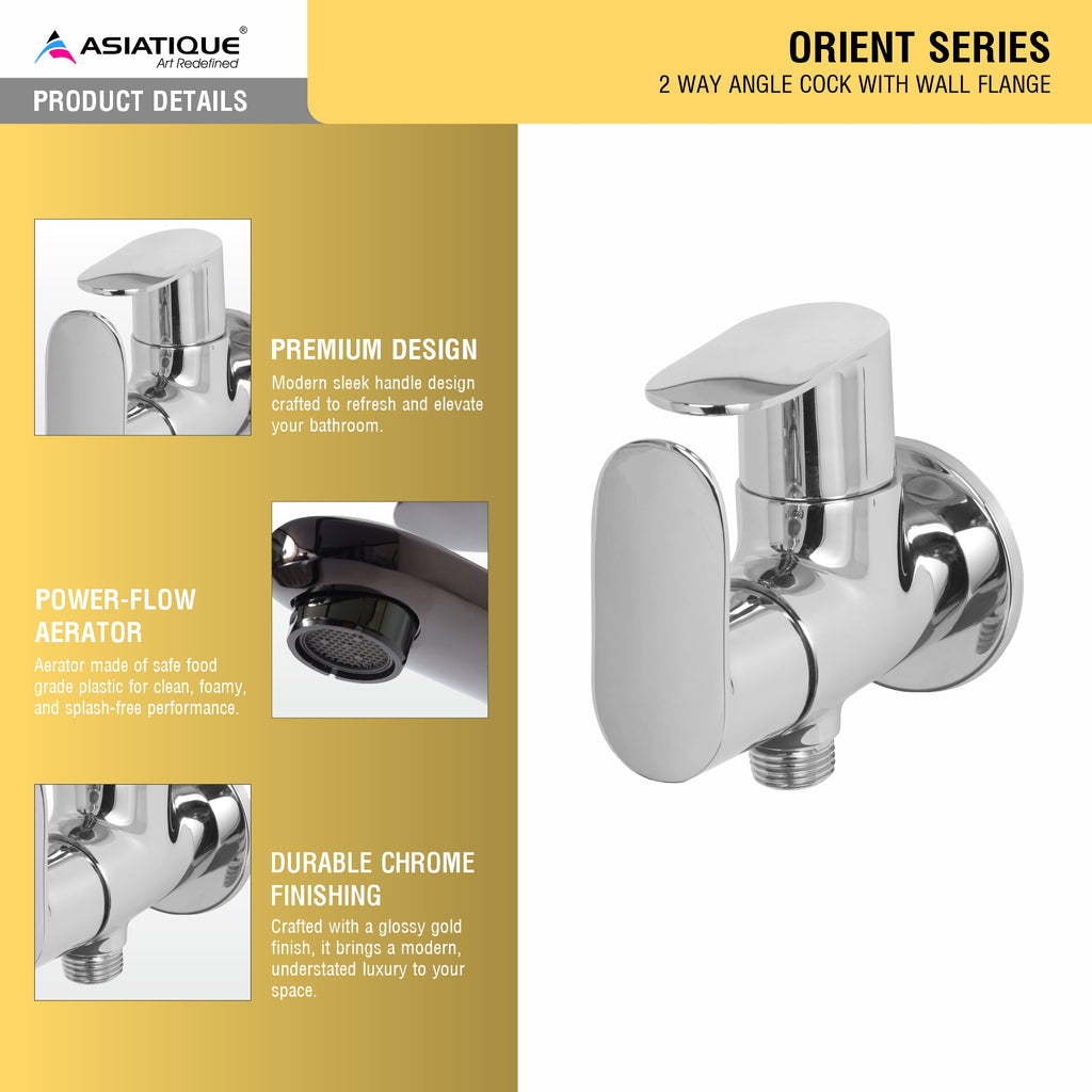 Asiatique 2 Way Angle Cock With Wall Flange (O-005TW), Orient Series Premium Brass Bathroom & Kitchen Faucet Collection