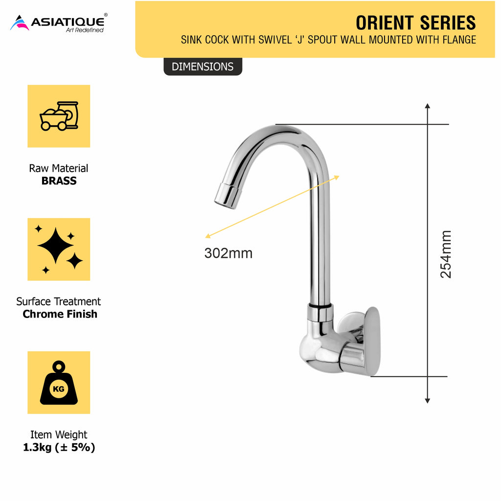 Asiatique Sink Cock With Swivel ‘J’ Spout Wall Mounted With Flange (O-008), Orient Series Premium Brass Bathroom & Kitchen Faucet Collection