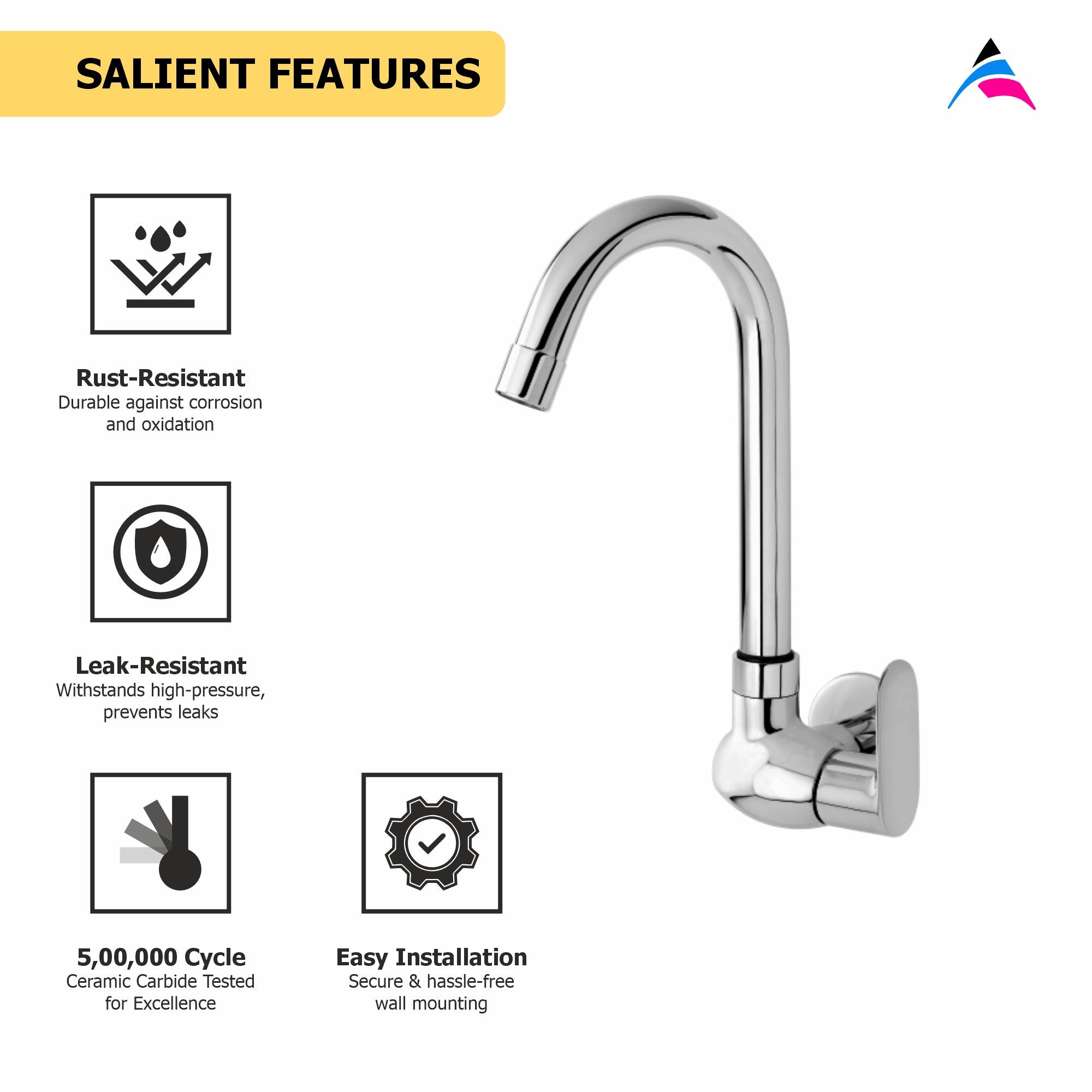 Asiatique Sink Cock With Swivel ‘J’ Spout Wall Mounted With Flange (O-008), Orient Series Premium Brass Bathroom & Kitchen Faucet Collection
