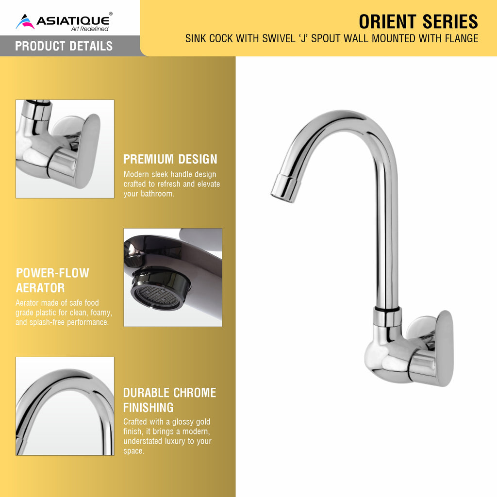 Asiatique Sink Cock With Swivel ‘J’ Spout Wall Mounted With Flange (O-008), Orient Series Premium Brass Bathroom & Kitchen Faucet Collection