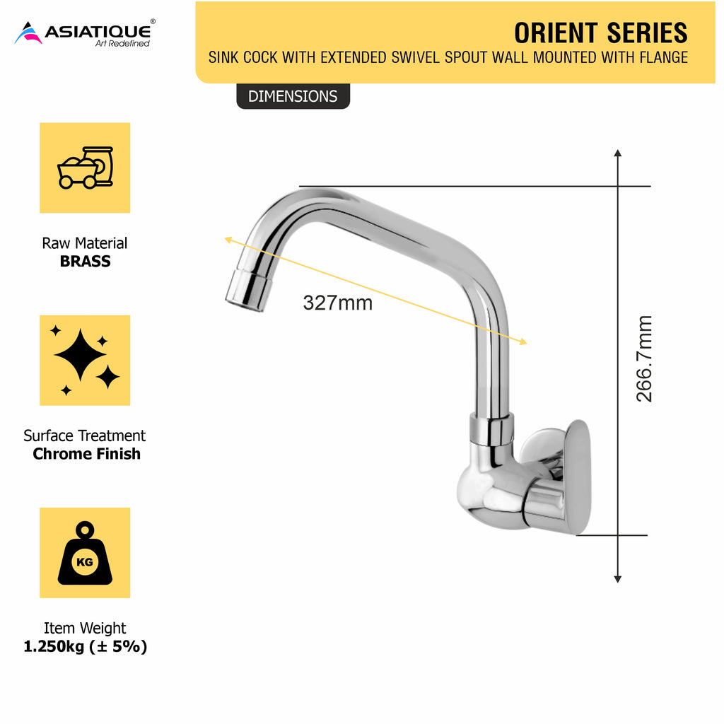 Asiatique Sink Cock With Extended Swivel Spout Wall Mounted With Flange (O-008EX), Orient Series Premium Brass Bathroom & Kitchen Faucet Collection