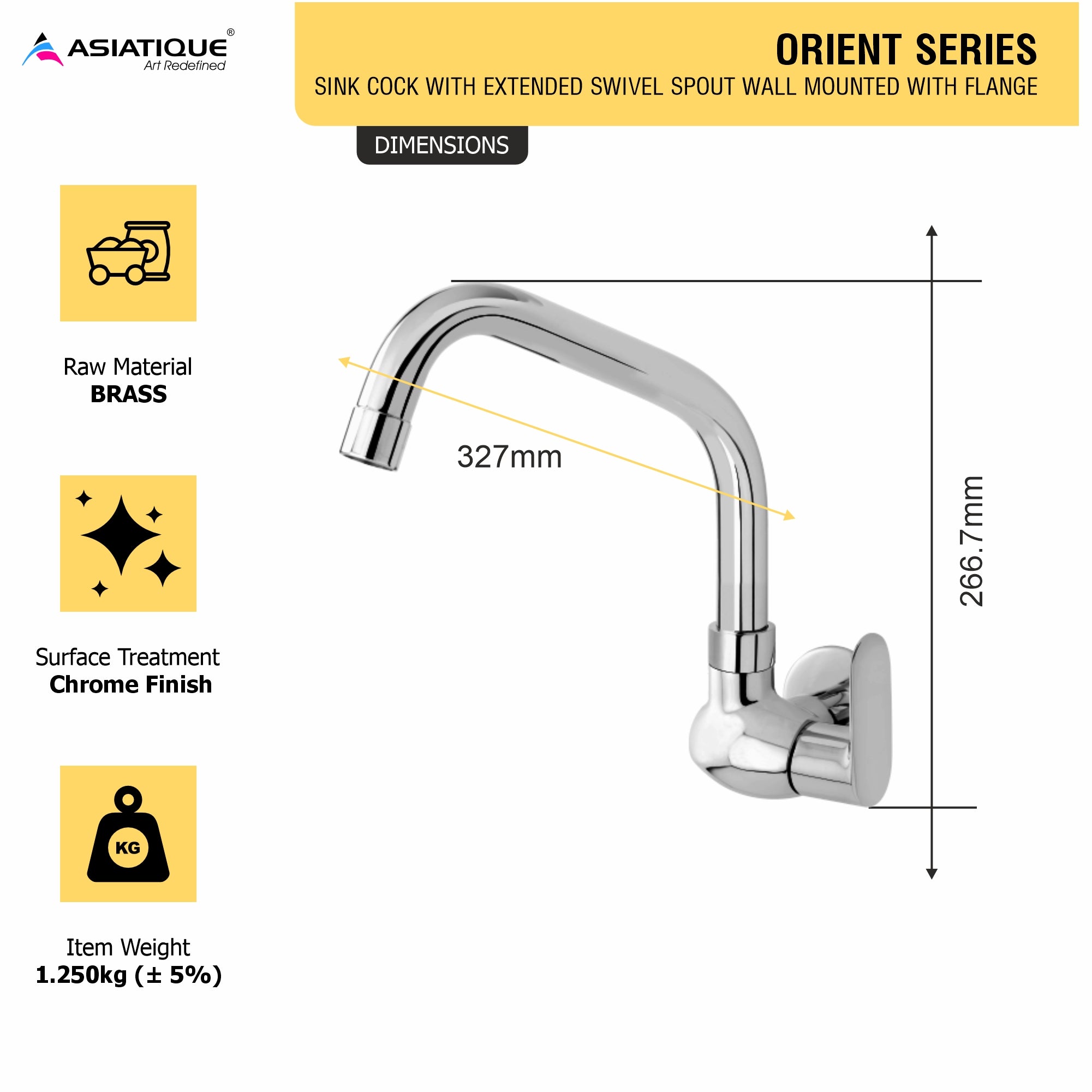 Asiatique Sink Cock With Extended Swivel Spout Wall Mounted With Flange (O-008EX), Orient Series Premium Brass Bathroom & Kitchen Faucet Collection