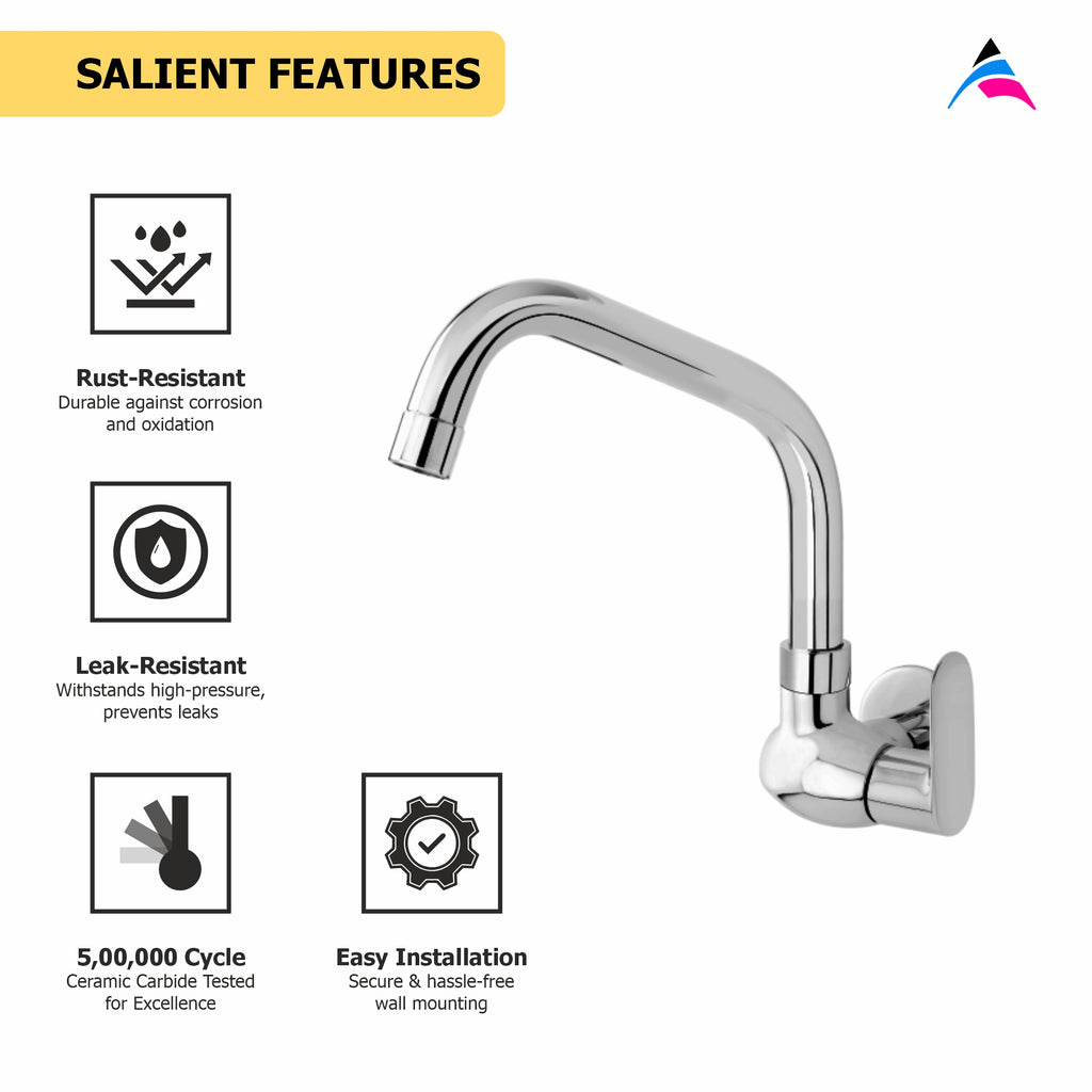 Asiatique Sink Cock With Extended Swivel Spout Wall Mounted With Flange (O-008EX), Orient Series Premium Brass Bathroom & Kitchen Faucet Collection