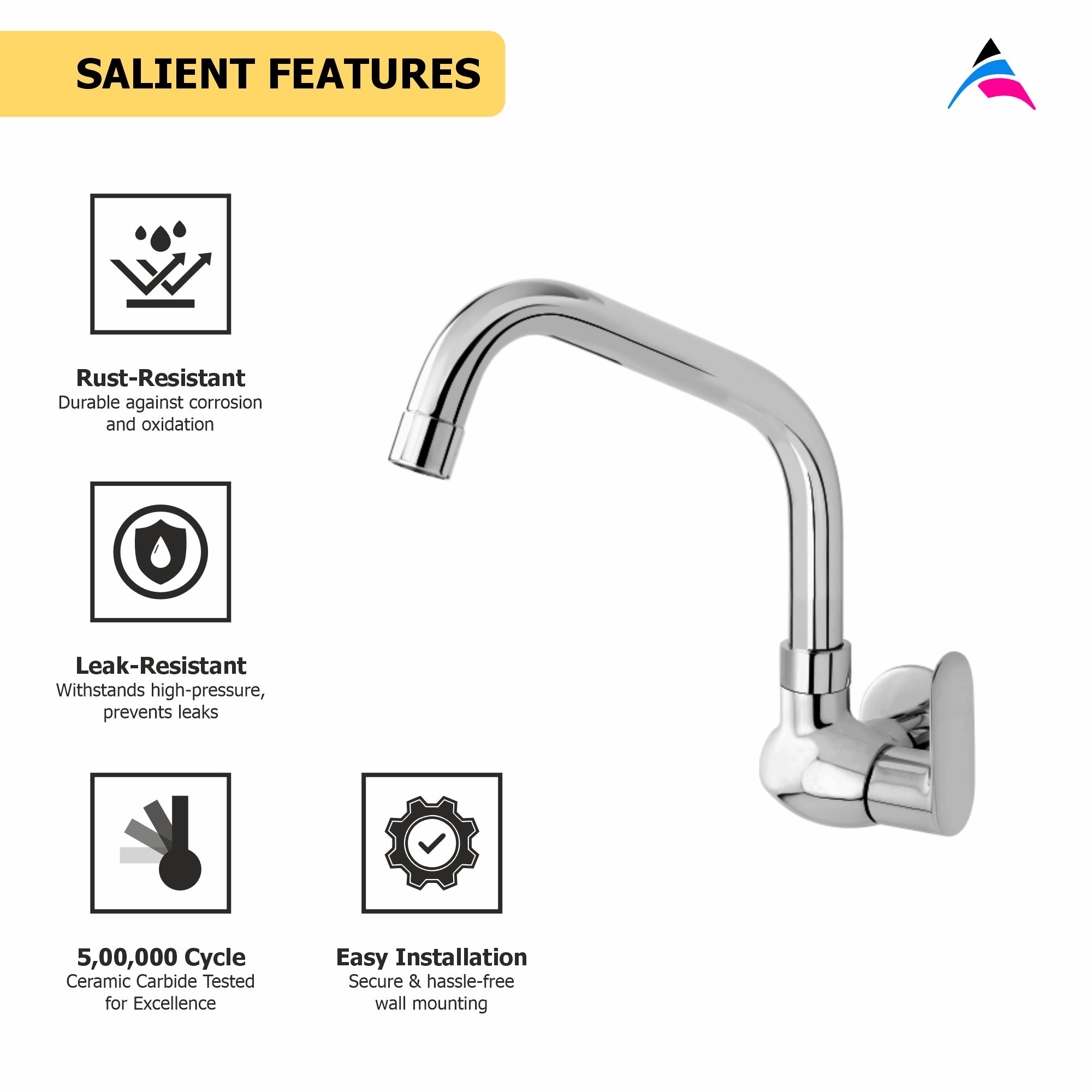 Asiatique Sink Cock With Extended Swivel Spout Wall Mounted With Flange (O-008EX), Orient Series Premium Brass Bathroom & Kitchen Faucet Collection