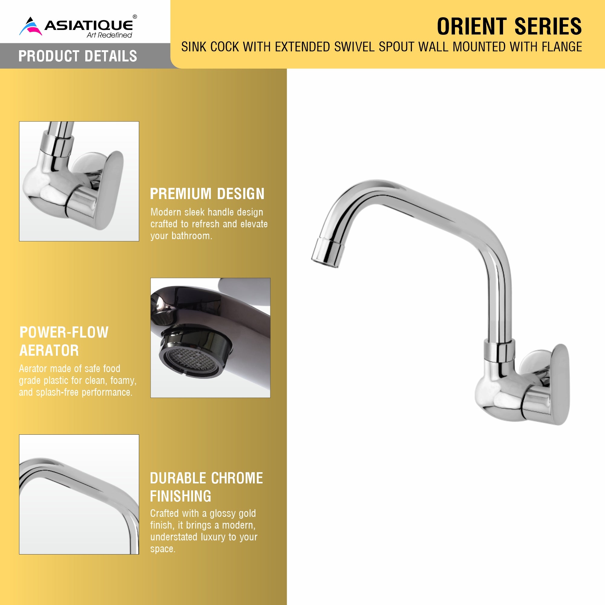 Asiatique Sink Cock With Extended Swivel Spout Wall Mounted With Flange (O-008EX), Orient Series Premium Brass Bathroom & Kitchen Faucet Collection