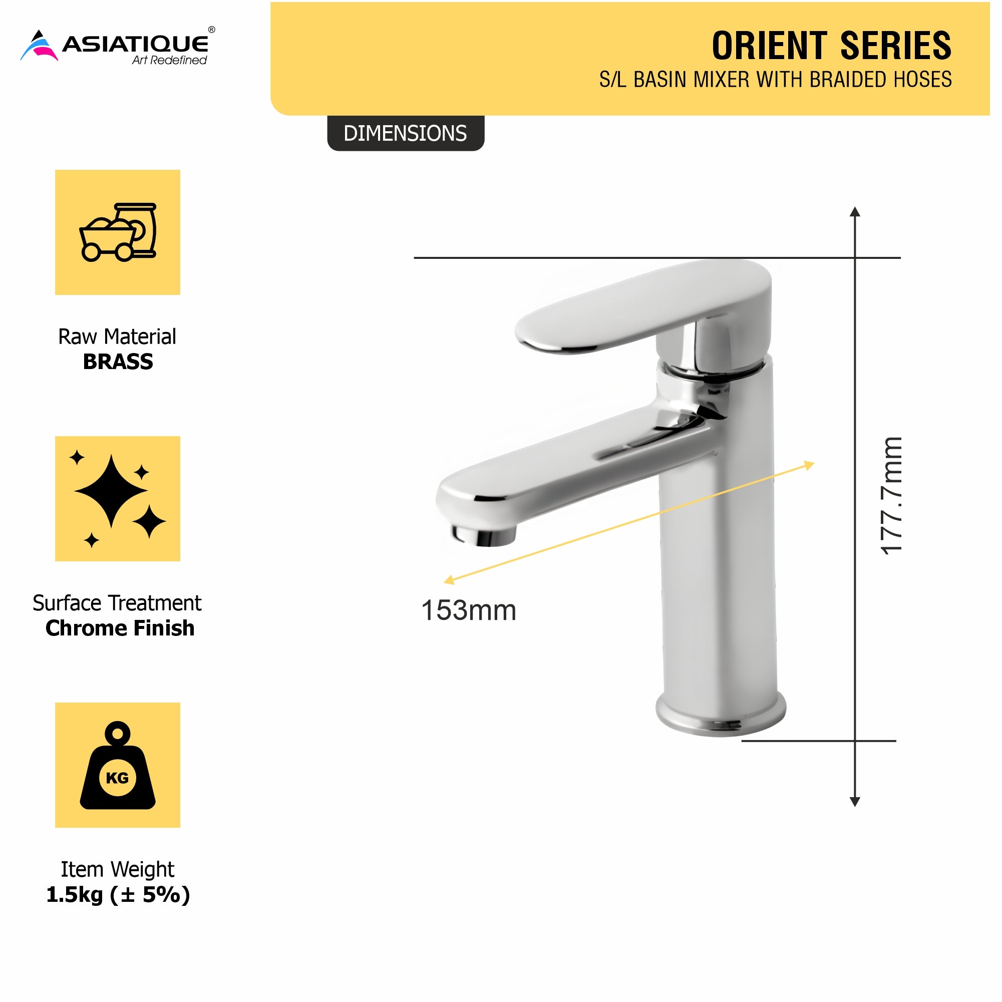 Asiatique S/L Basin Mixer With Braided Hoses (O-009), Orient Series Premium Brass Bathroom & Kitchen Faucet Collection