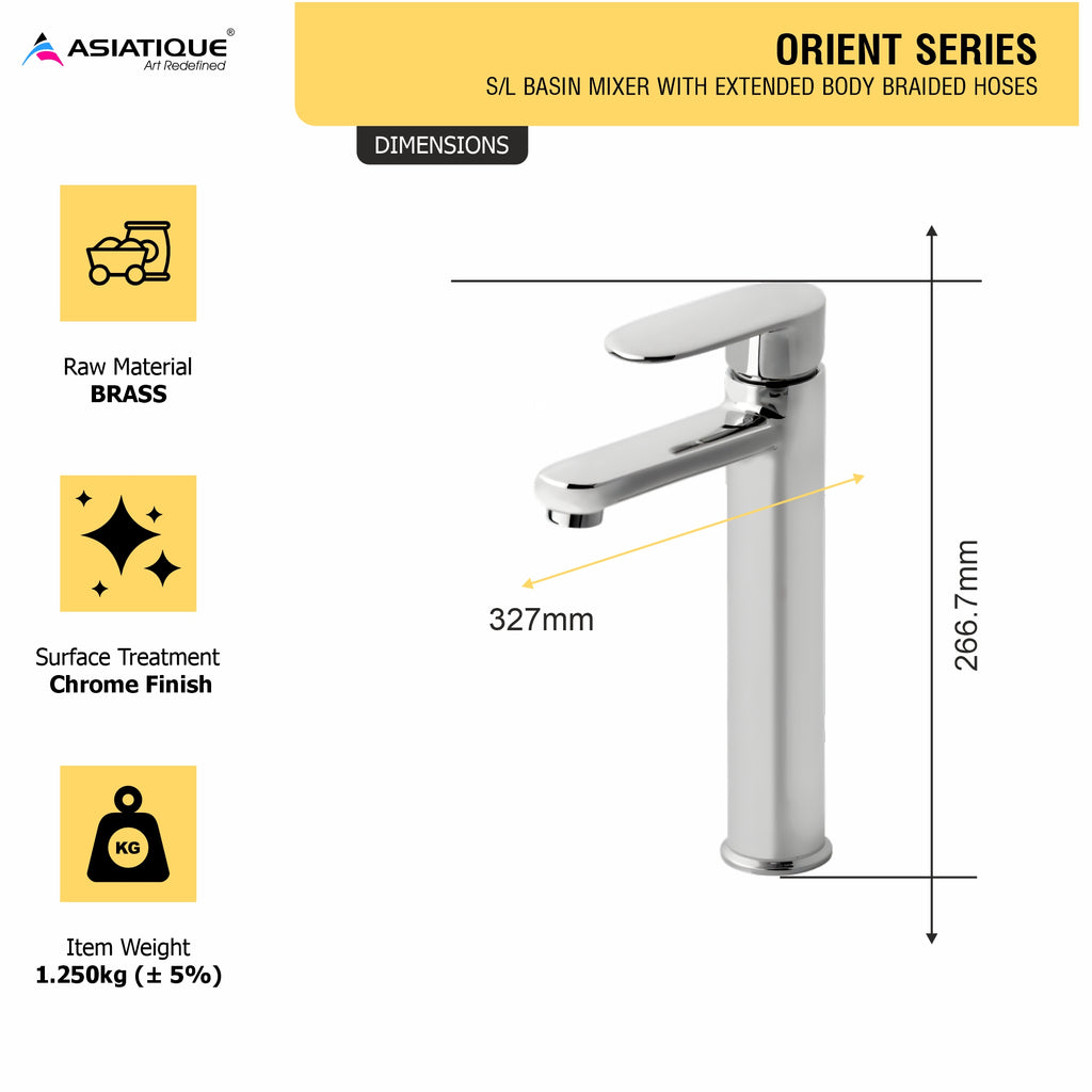 Asiatique S/L Basin Mixer With Extended Body Braided Hoses (O-009EX), Orient Series Premium Brass Bathroom & Kitchen Faucet Collection