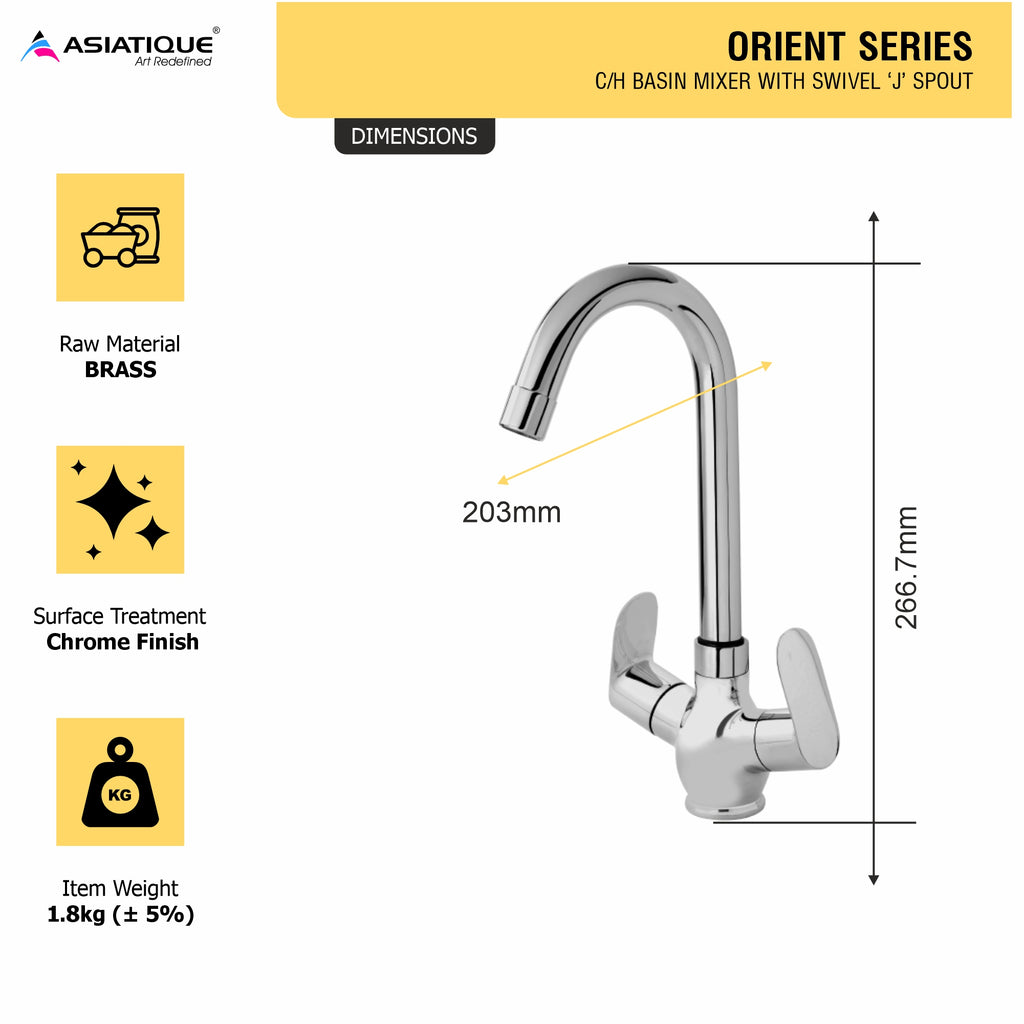 Asiatique C/H Basin Mixer With Extended Swivel Spout (O-011), Orient Series Premium Brass Bathroom & Kitchen Faucet Collection