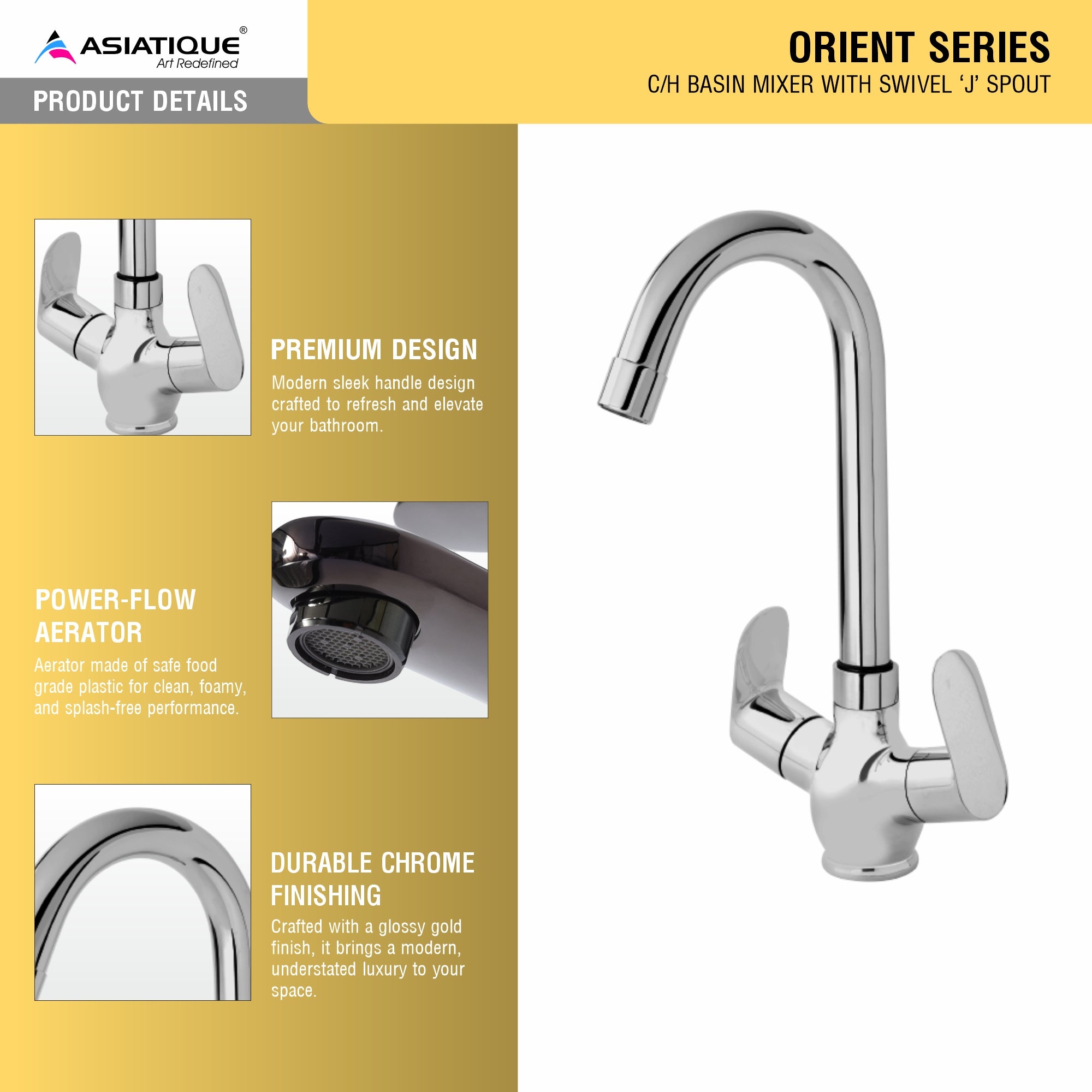 Asiatique C/H Basin Mixer With Extended Swivel Spout (O-011), Orient Series Premium Brass Bathroom & Kitchen Faucet Collection