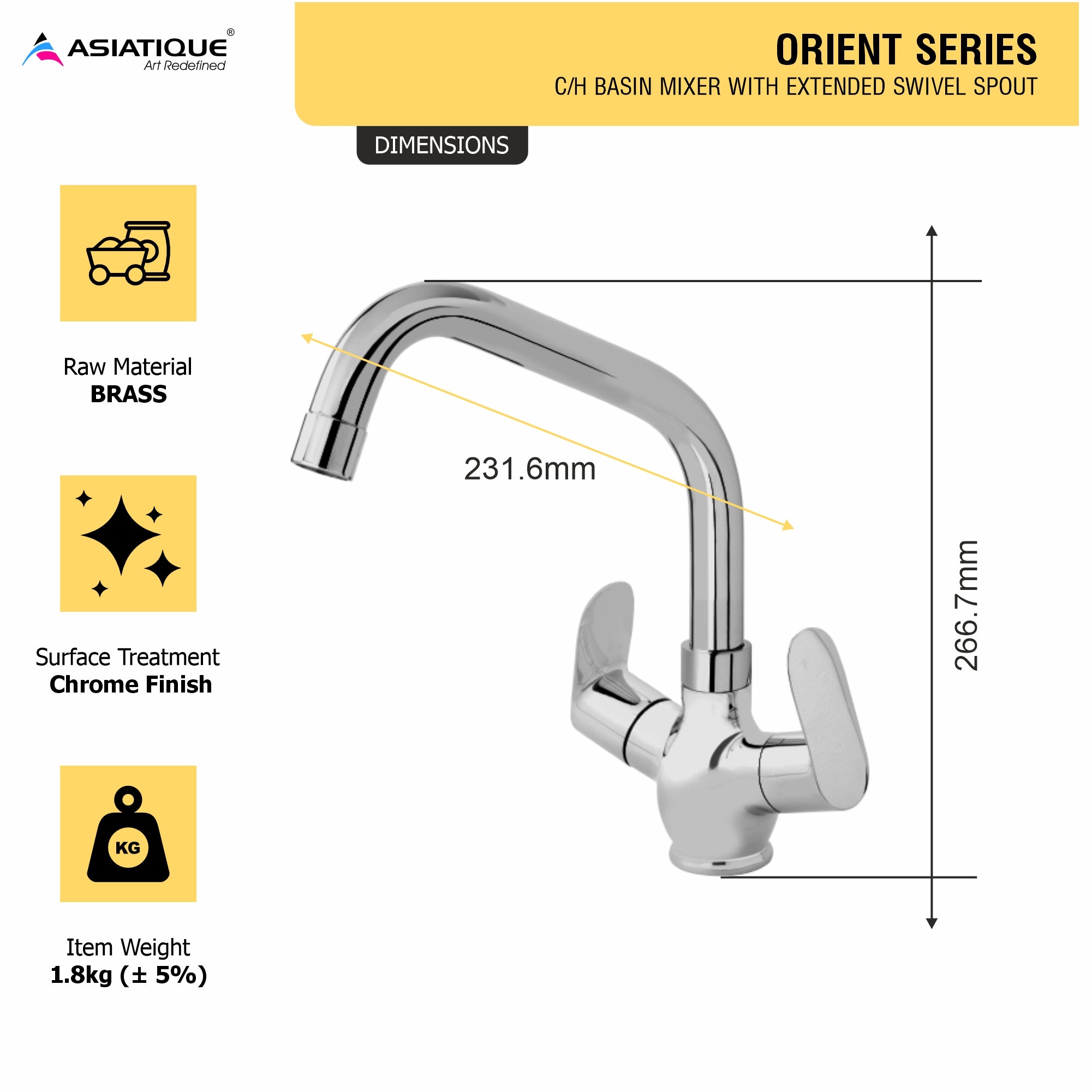 Asiatique C/H Basin Mixer With Extended Swivel Spout (O-011EX), Orient Series Premium Brass Bathroom & Kitchen Faucet Collection