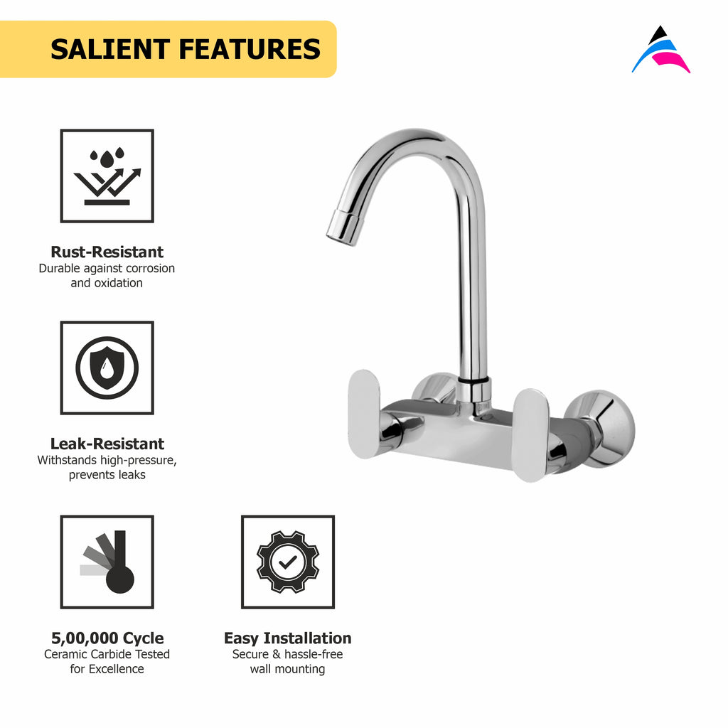 Asiatique Sink Mixer With Swivel ‘J’ Spout Wall Mounted (O-013), Orient Series Premium Brass Bathroom & Kitchen Faucet Collection