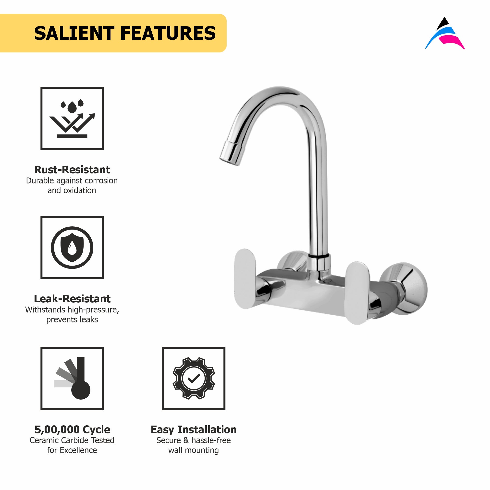 Asiatique Sink Mixer With Swivel ‘J’ Spout Wall Mounted (O-013), Orient Series Premium Brass Bathroom & Kitchen Faucet Collection