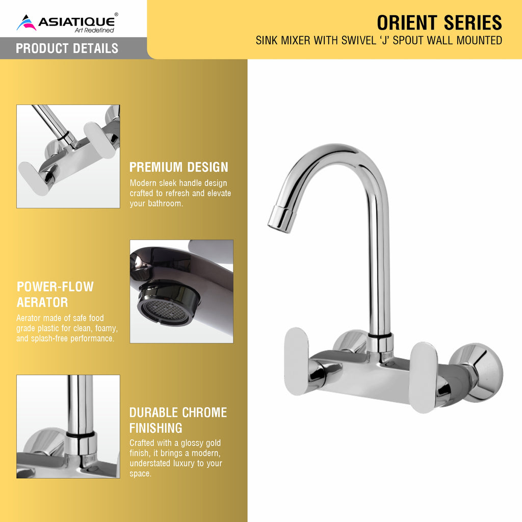 Asiatique Sink Mixer With Swivel ‘J’ Spout Wall Mounted (O-013), Orient Series Premium Brass Bathroom & Kitchen Faucet Collection