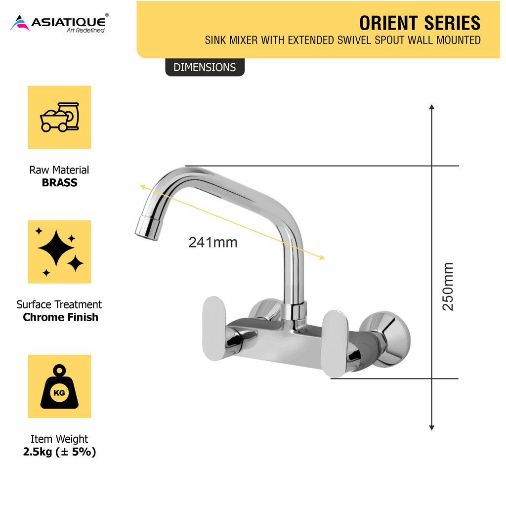 Asiatique Sink Mixer With Extended Swivel Spout Wall Mounted (O-013EX), Orient Series Premium Brass Bathroom & Kitchen Faucet Collection