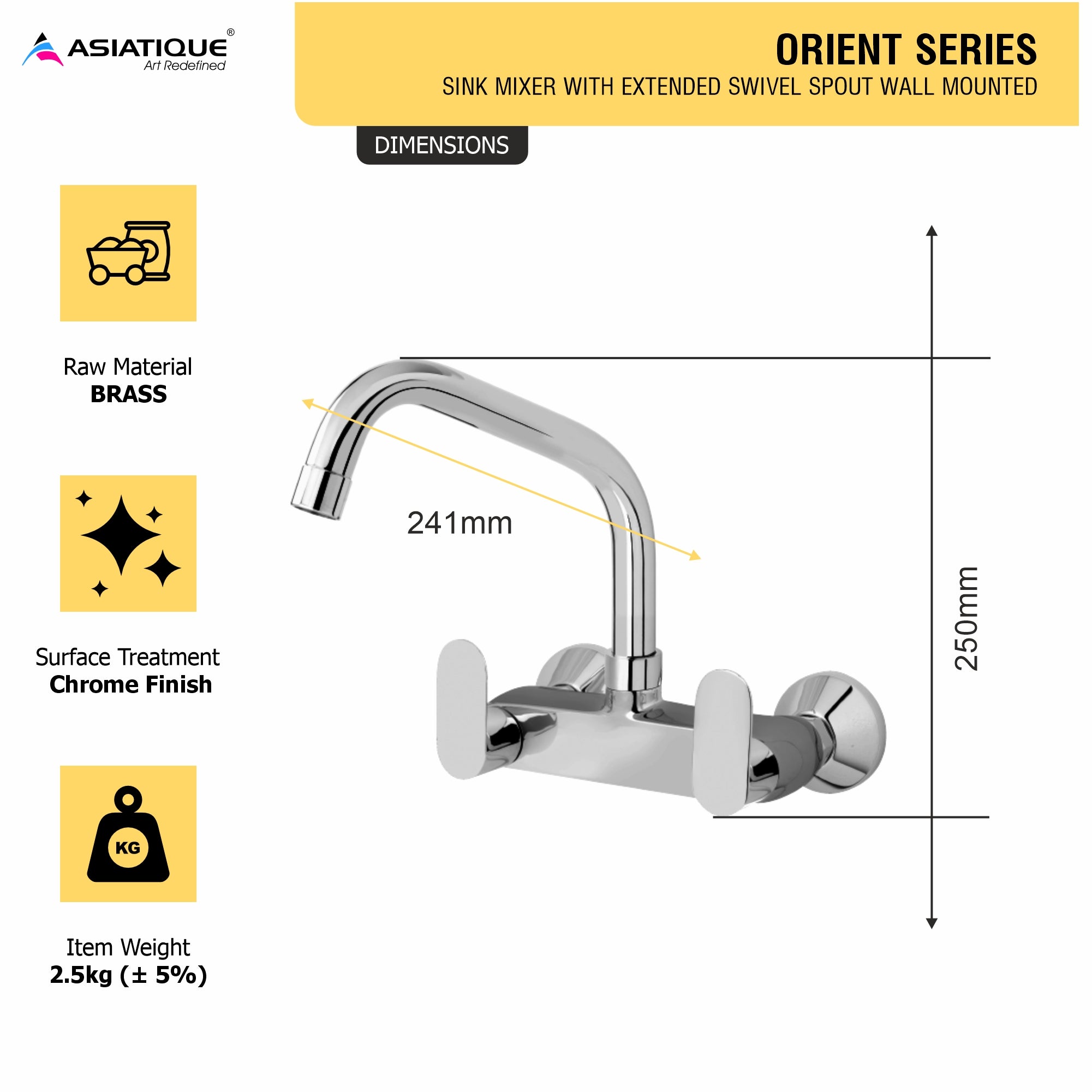 Asiatique Sink Mixer With Extended Swivel Spout Wall Mounted (O-013EX), Orient Series Premium Brass Bathroom & Kitchen Faucet Collection
