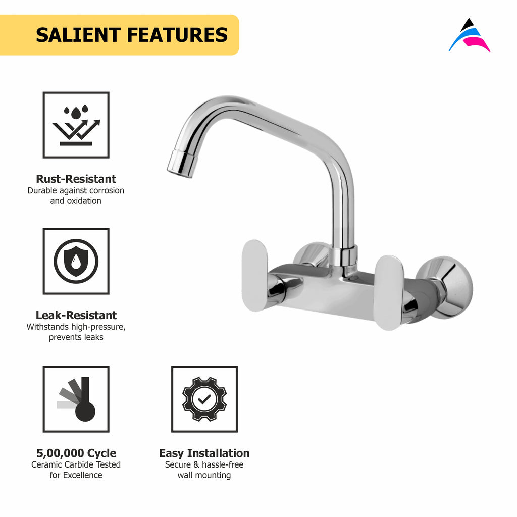 Asiatique Sink Mixer With Extended Swivel Spout Wall Mounted (O-013EX), Orient Series Premium Brass Bathroom & Kitchen Faucet Collection