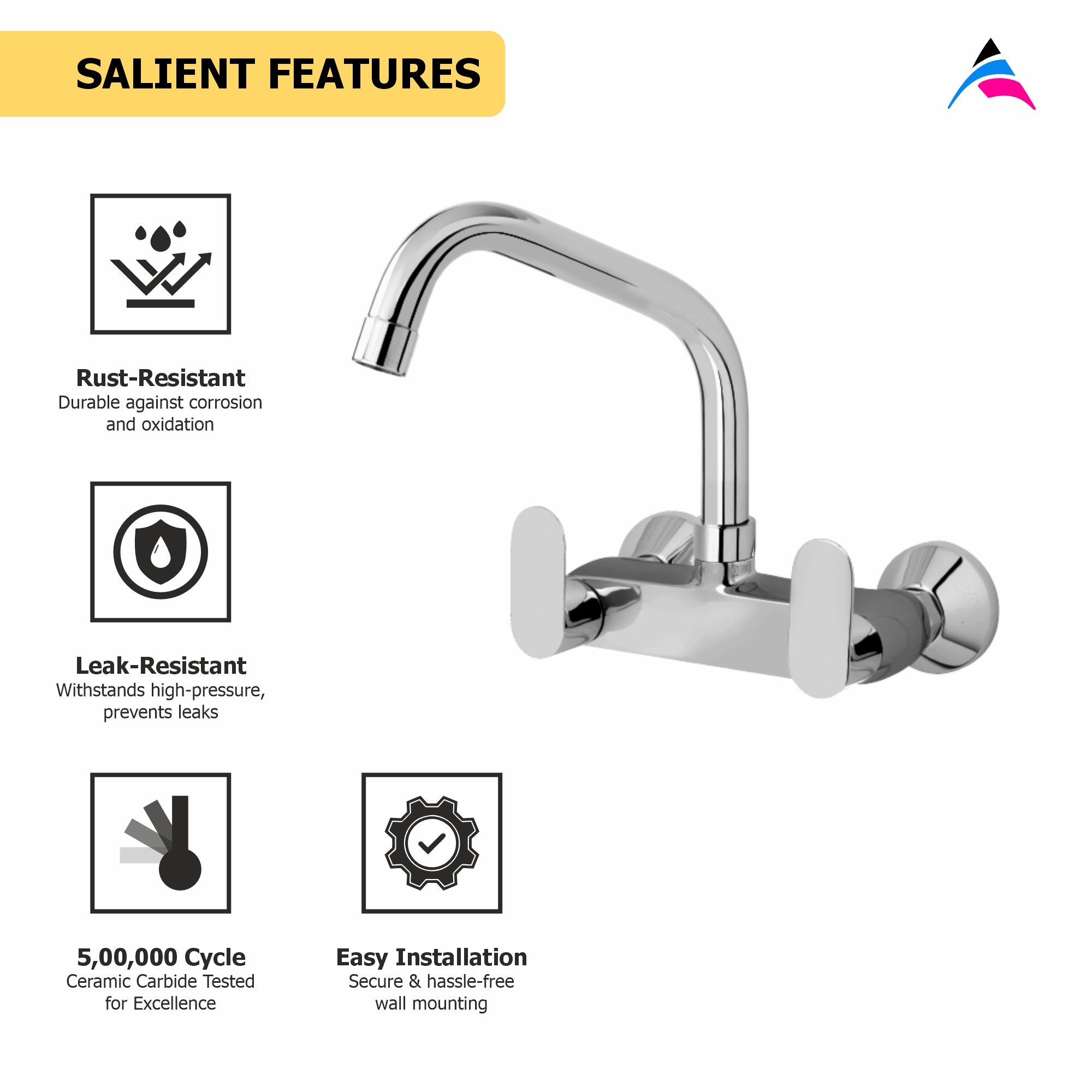 Asiatique Sink Mixer With Extended Swivel Spout Wall Mounted (O-013EX), Orient Series Premium Brass Bathroom & Kitchen Faucet Collection