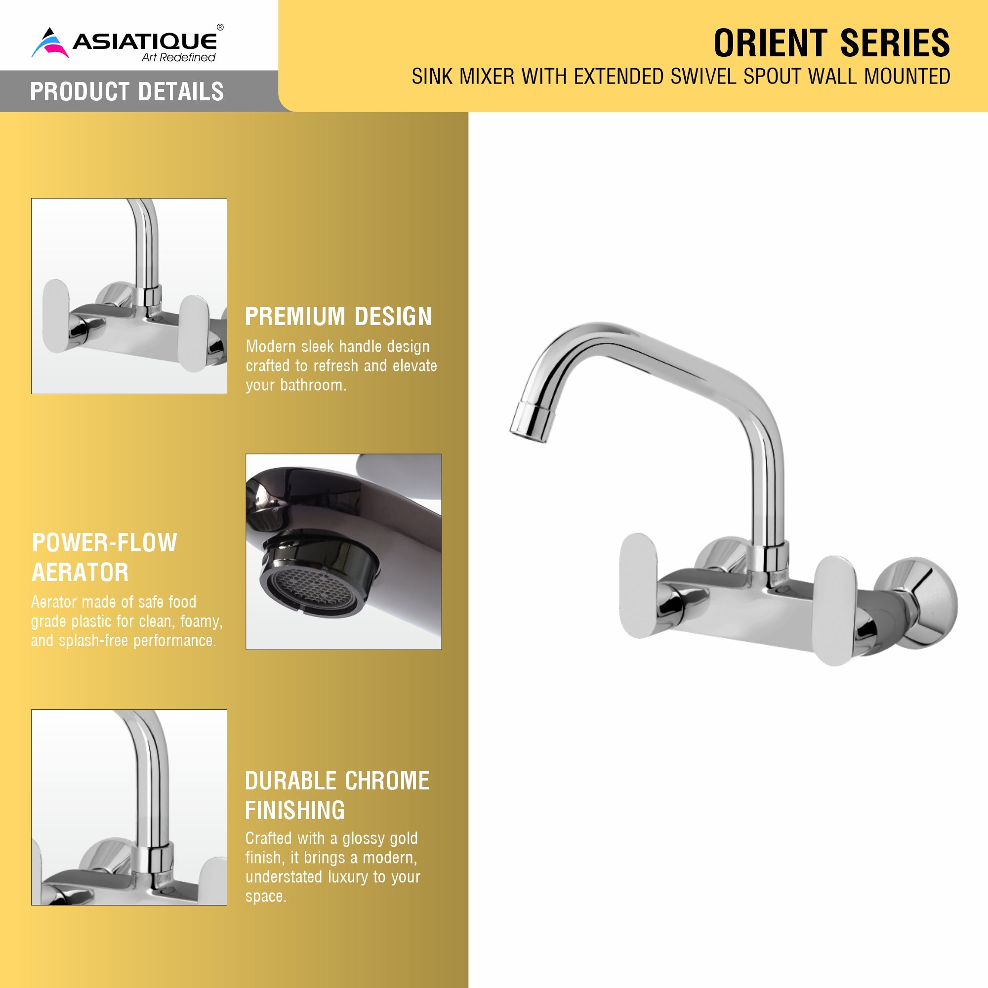 Asiatique Sink Mixer With Extended Swivel Spout Wall Mounted (O-013EX), Orient Series Premium Brass Bathroom & Kitchen Faucet Collection