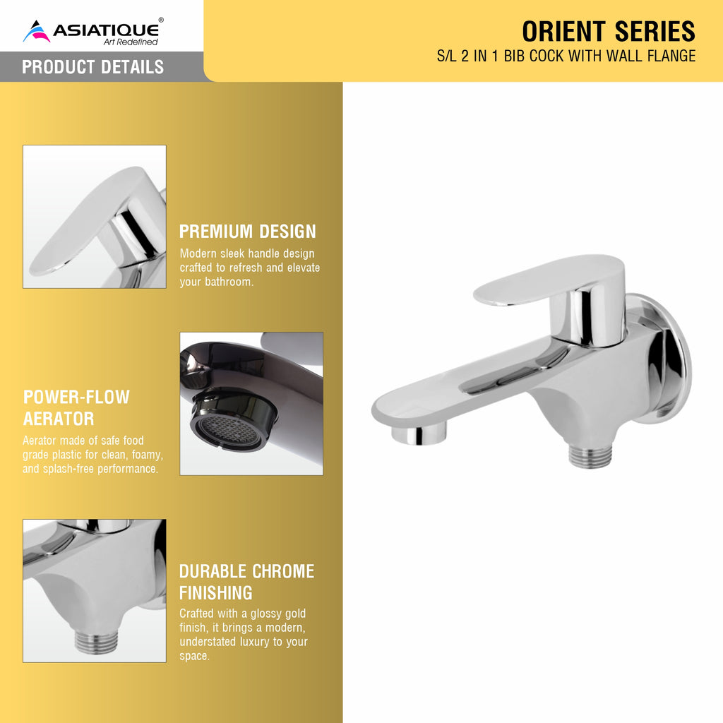 Asiatique S/L 2 In 1 Bib Cock WIth Wall Flange (O-015S/L), Orient Series Premium Brass Bathroom & Kitchen Faucet Collection