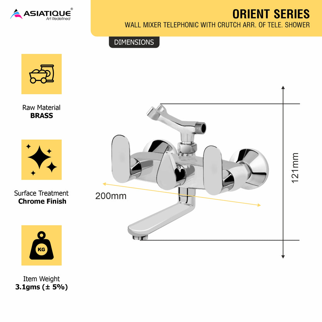 Asiatique Wall Mixer Telephonic With Crutch ARR. Of Tele. Shower (O-016), Orient Series Premium Brass Bathroom & Kitchen Faucet Collection