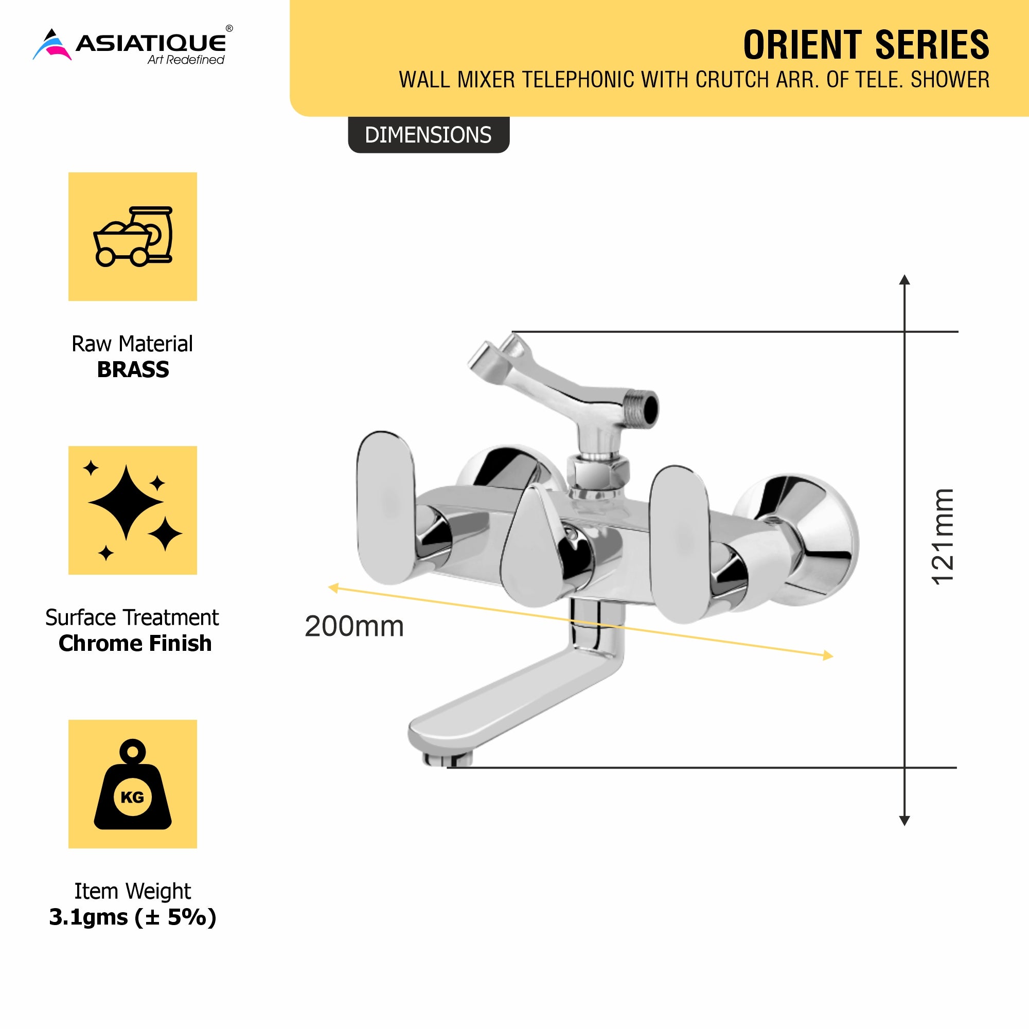 Asiatique Wall Mixer Telephonic With Crutch ARR. Of Tele. Shower (O-016), Orient Series Premium Brass Bathroom & Kitchen Faucet Collection