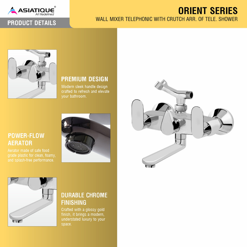 Asiatique Wall Mixer Telephonic With Crutch ARR. Of Tele. Shower (O-016), Orient Series Premium Brass Bathroom & Kitchen Faucet Collection