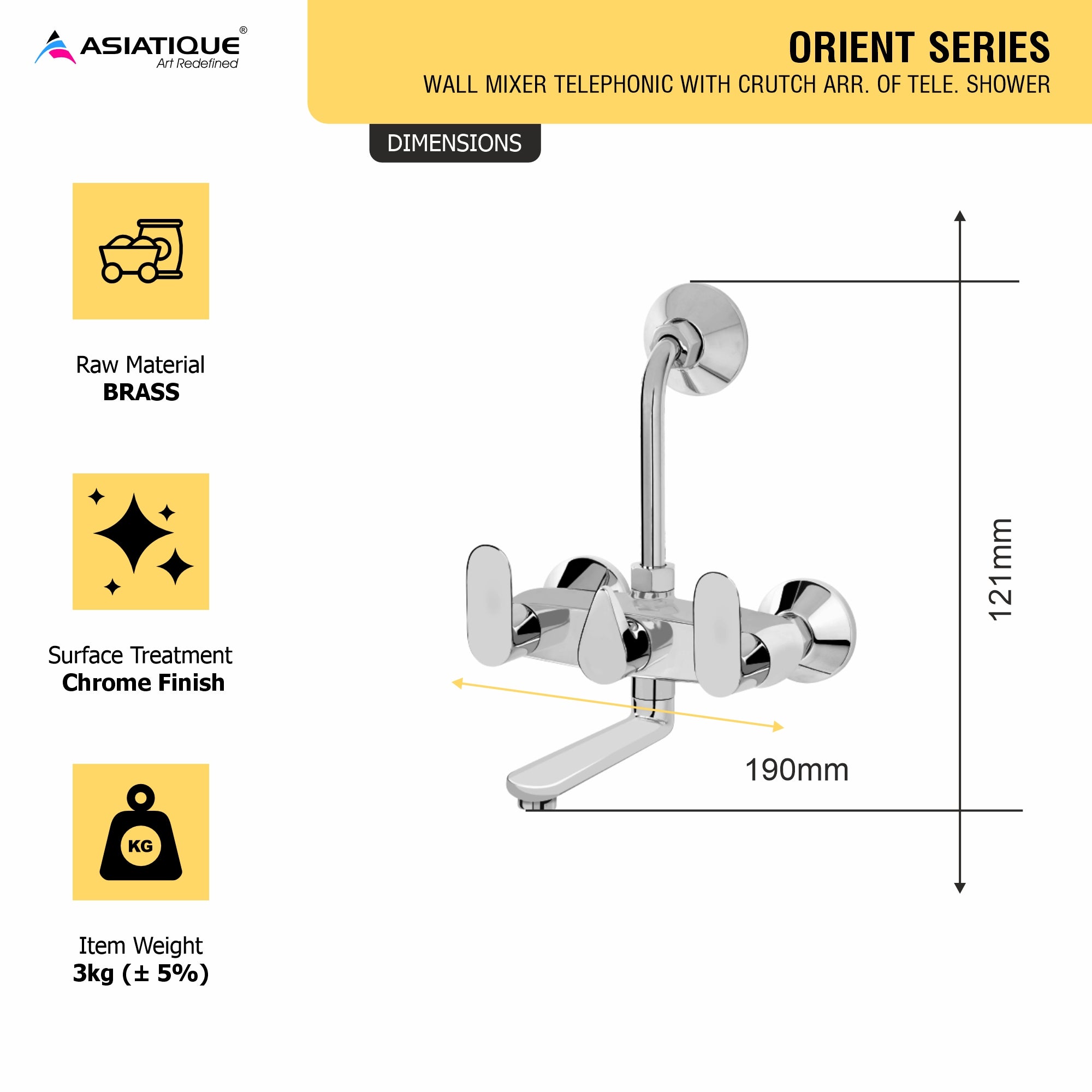 Asiatique Wall Mixer Telephonic With ‘L’ Bend for ARR. Of O/H Shower (O-017), Orient Series Premium Brass Bathroom & Kitchen Faucet Collection