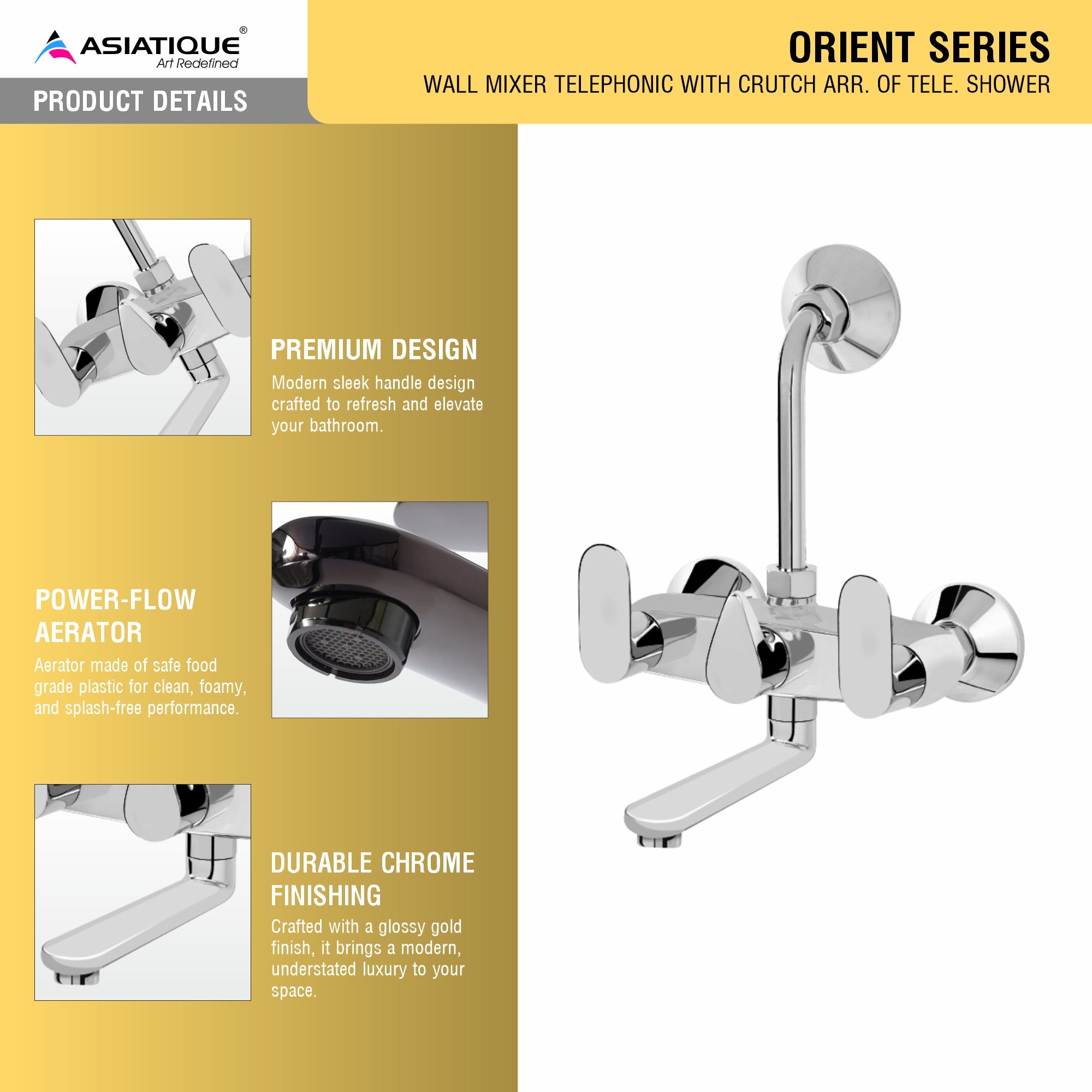 Asiatique Wall Mixer Telephonic With ‘L’ Bend for ARR. Of O/H Shower (O-017), Orient Series Premium Brass Bathroom & Kitchen Faucet Collection