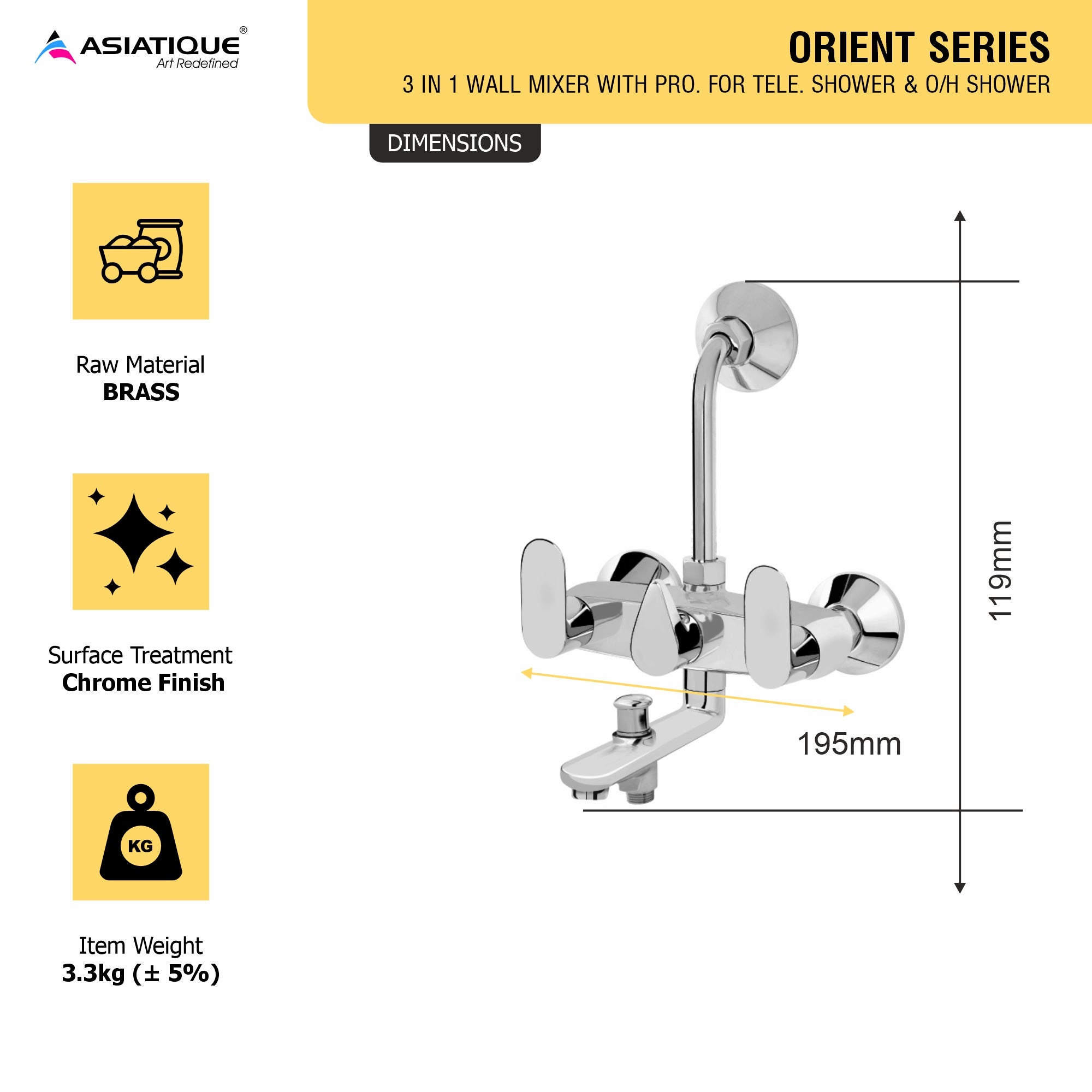 Asiatique 3 in 1 Wall Mixer With Pro. For Tele. Shower & O/H Shower (O-018), Orient Series Premium Brass Bathroom & Kitchen Faucet Collection