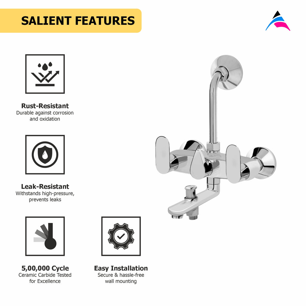 Asiatique 3 in 1 Wall Mixer With Pro. For Tele. Shower & O/H Shower (O-018), Orient Series Premium Brass Bathroom & Kitchen Faucet Collection