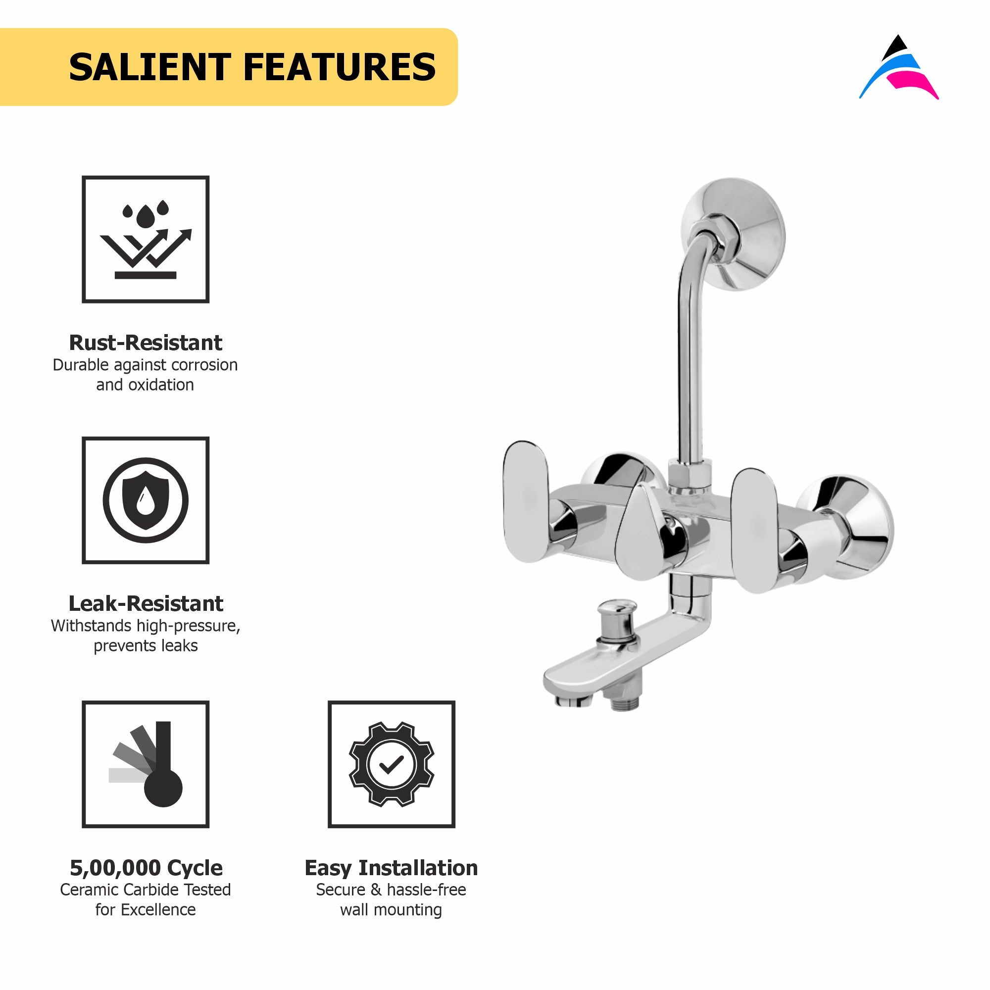 Asiatique 3 in 1 Wall Mixer With Pro. For Tele. Shower & O/H Shower (O-018), Orient Series Premium Brass Bathroom & Kitchen Faucet Collection