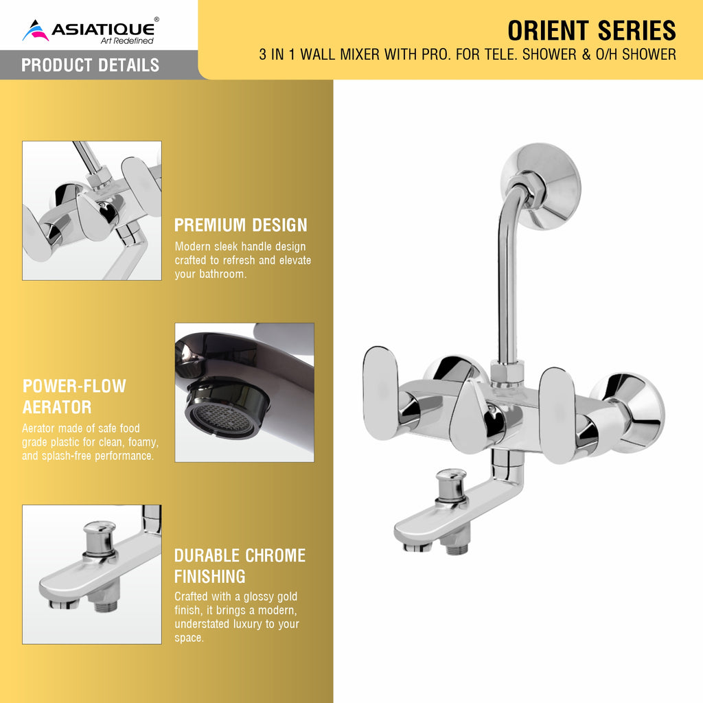 Asiatique 3 in 1 Wall Mixer With Pro. For Tele. Shower & O/H Shower (O-018), Orient Series Premium Brass Bathroom & Kitchen Faucet Collection