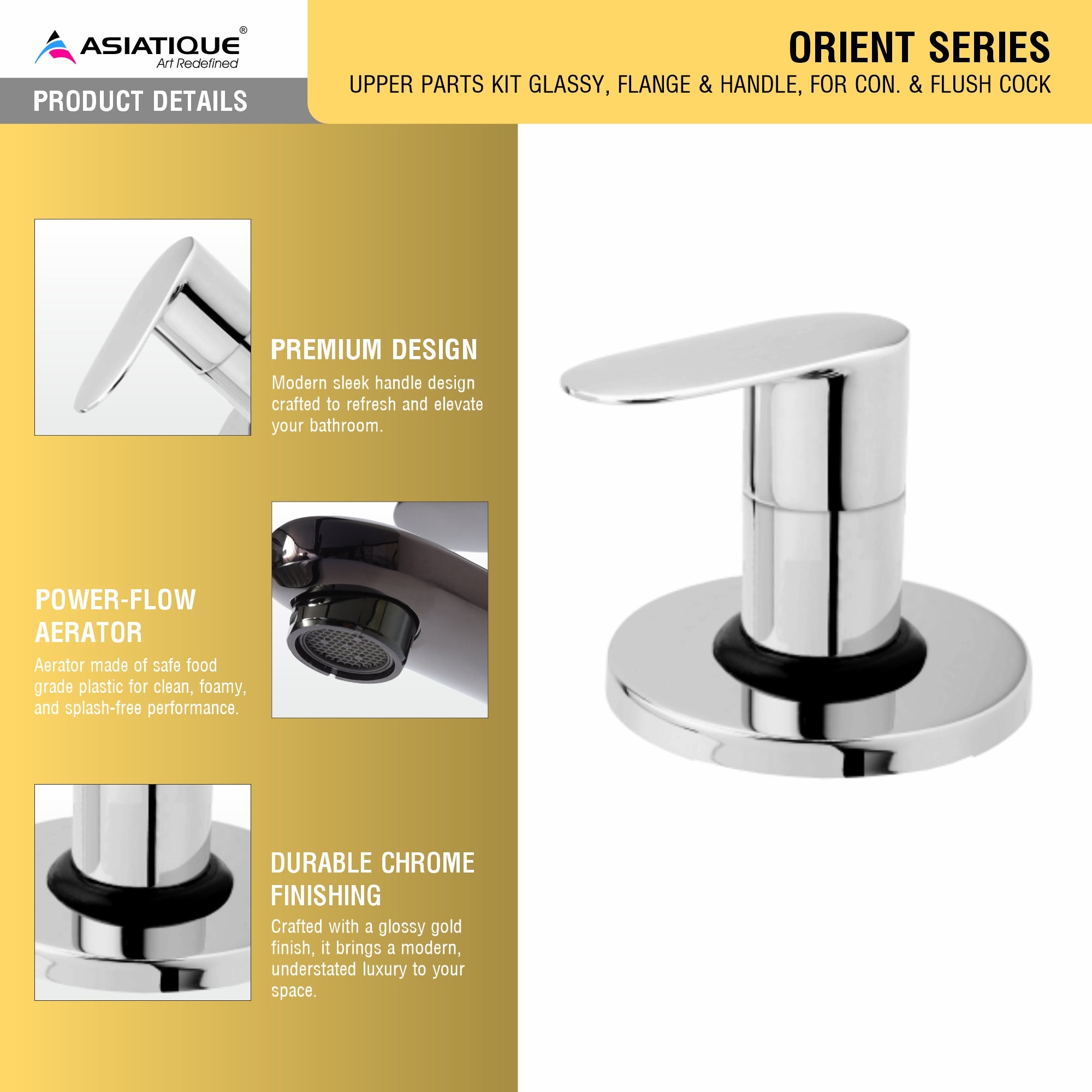 Asiatique Upper Parts Kit Glassy, Flange & Handle, for Con. & Flush Cock (O-021U), Orient Series Premium Brass Bathroom & Kitchen Faucet Collection